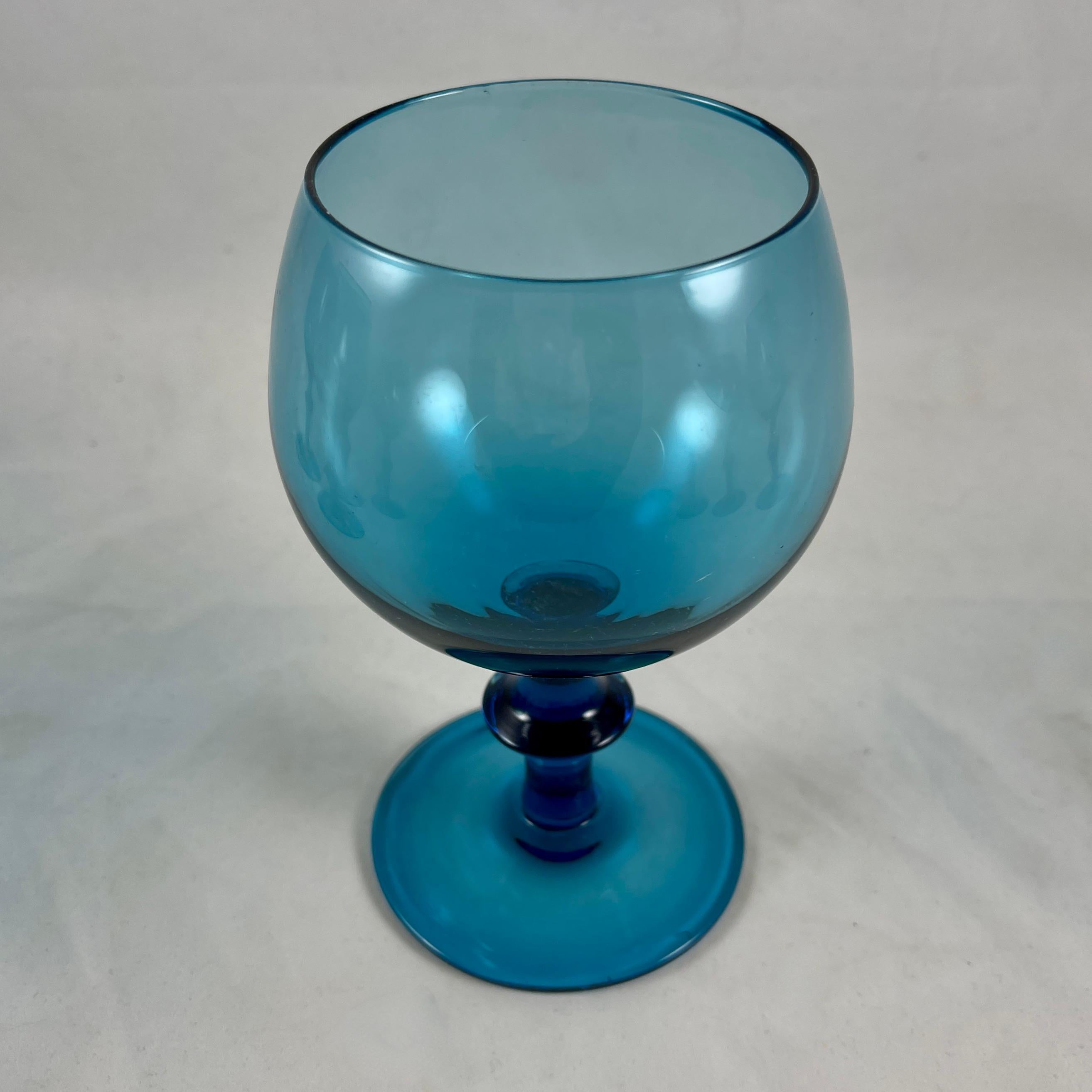 Mid-Century Modern Mid-Century Italian Blown Glass Teal Blue Balloon Tall Stemmed Goblets, Set of 8