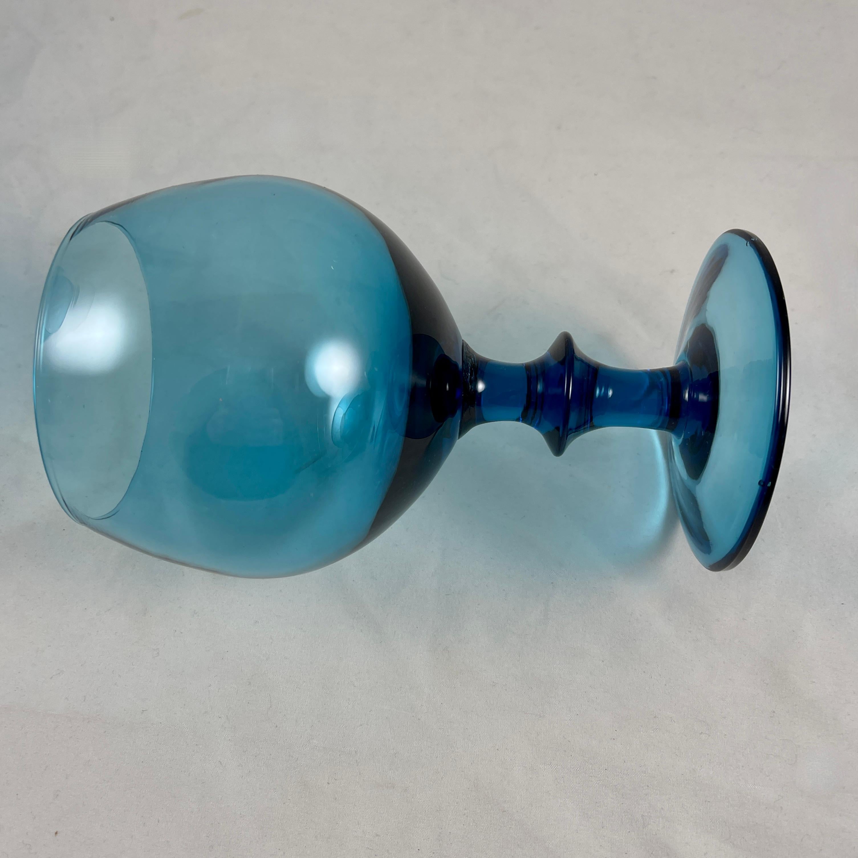 20th Century Mid-Century Italian Blown Glass Teal Blue Balloon Tall Stemmed Goblets, Set of 8
