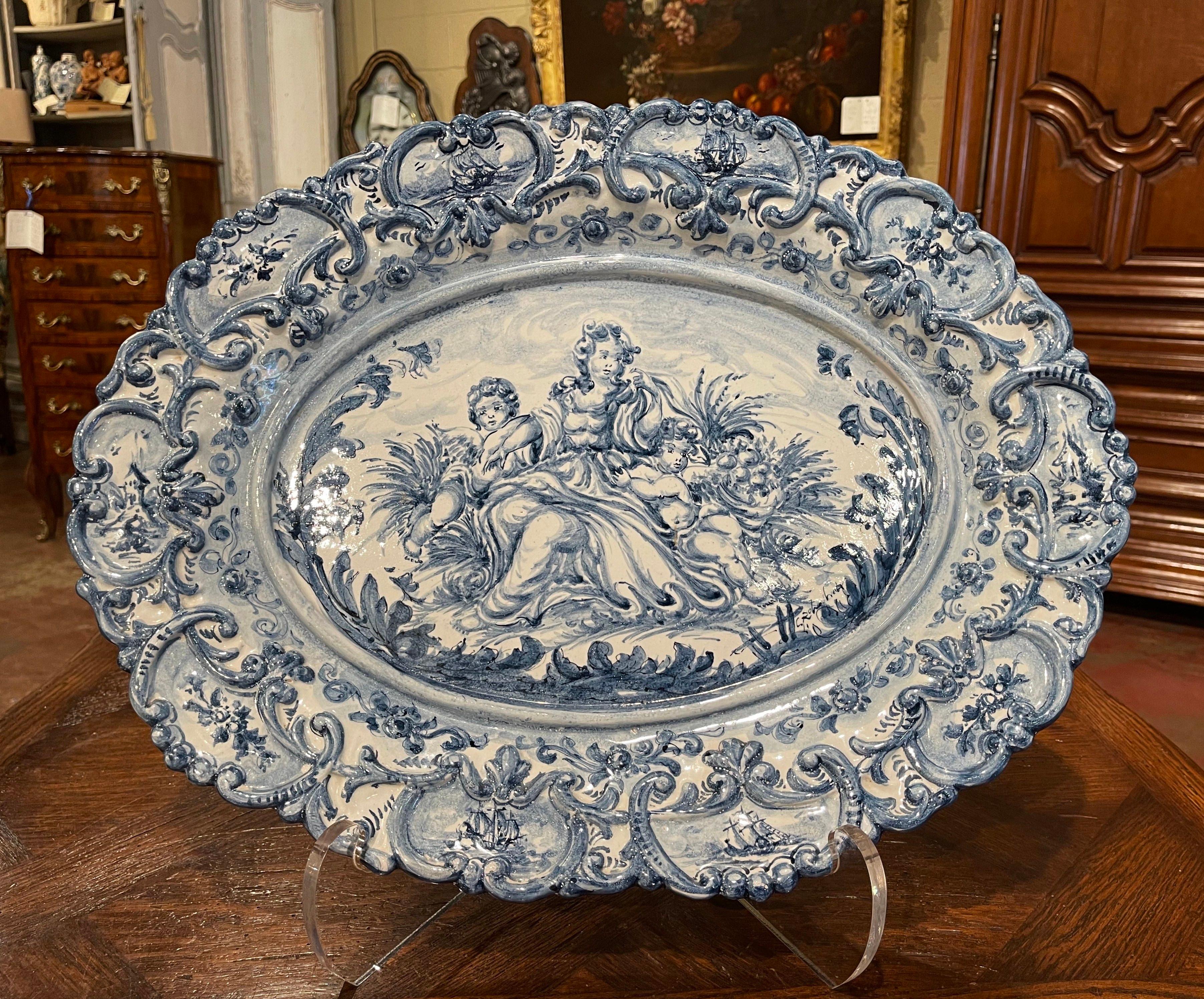 20th Century Mid-Century Italian Hand Painted Blue and White Faience Wall Platter Delft Style
