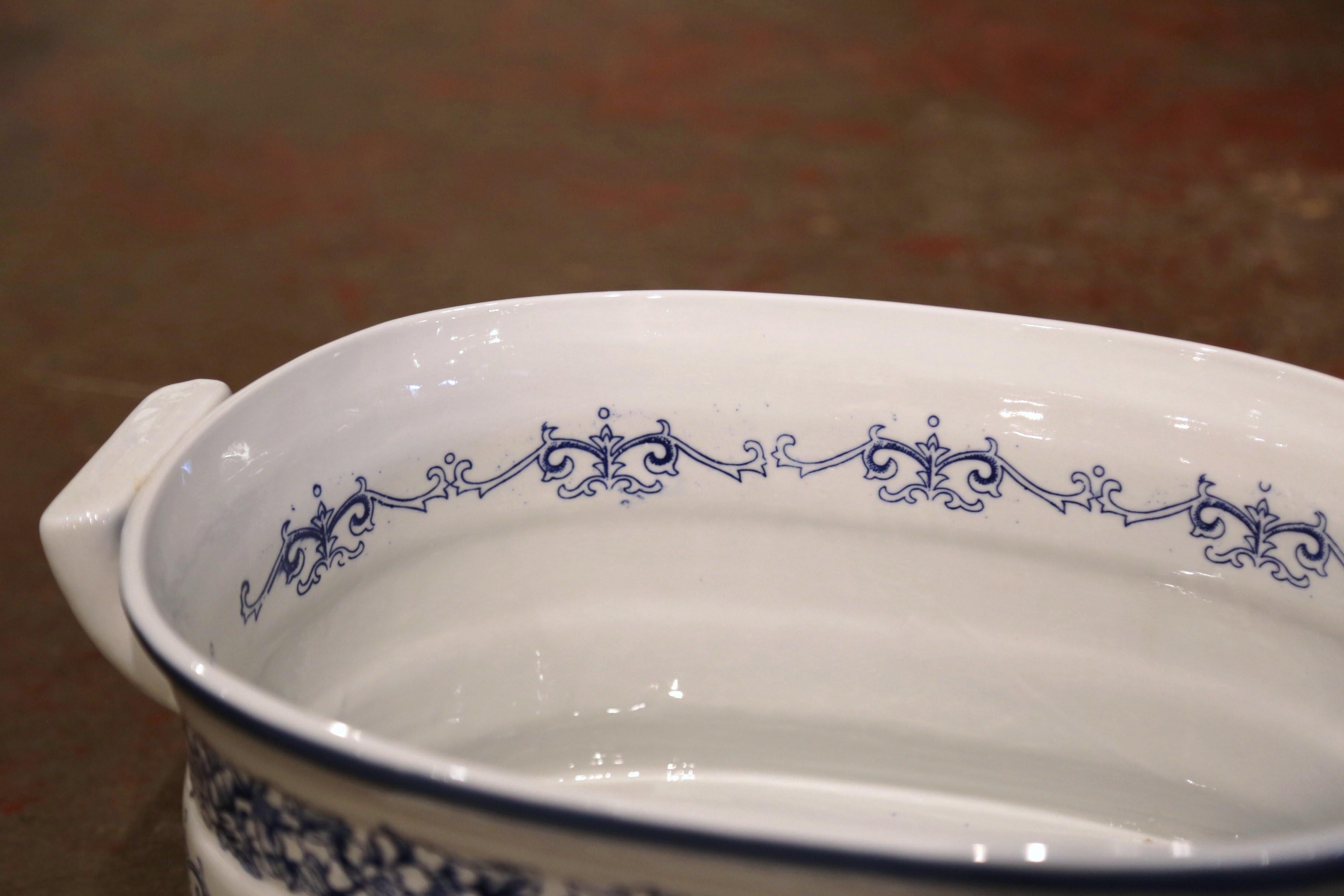 Hand-Painted Mid-Century Italian Blue and White Painted Porcelain Foot Bath Bowl