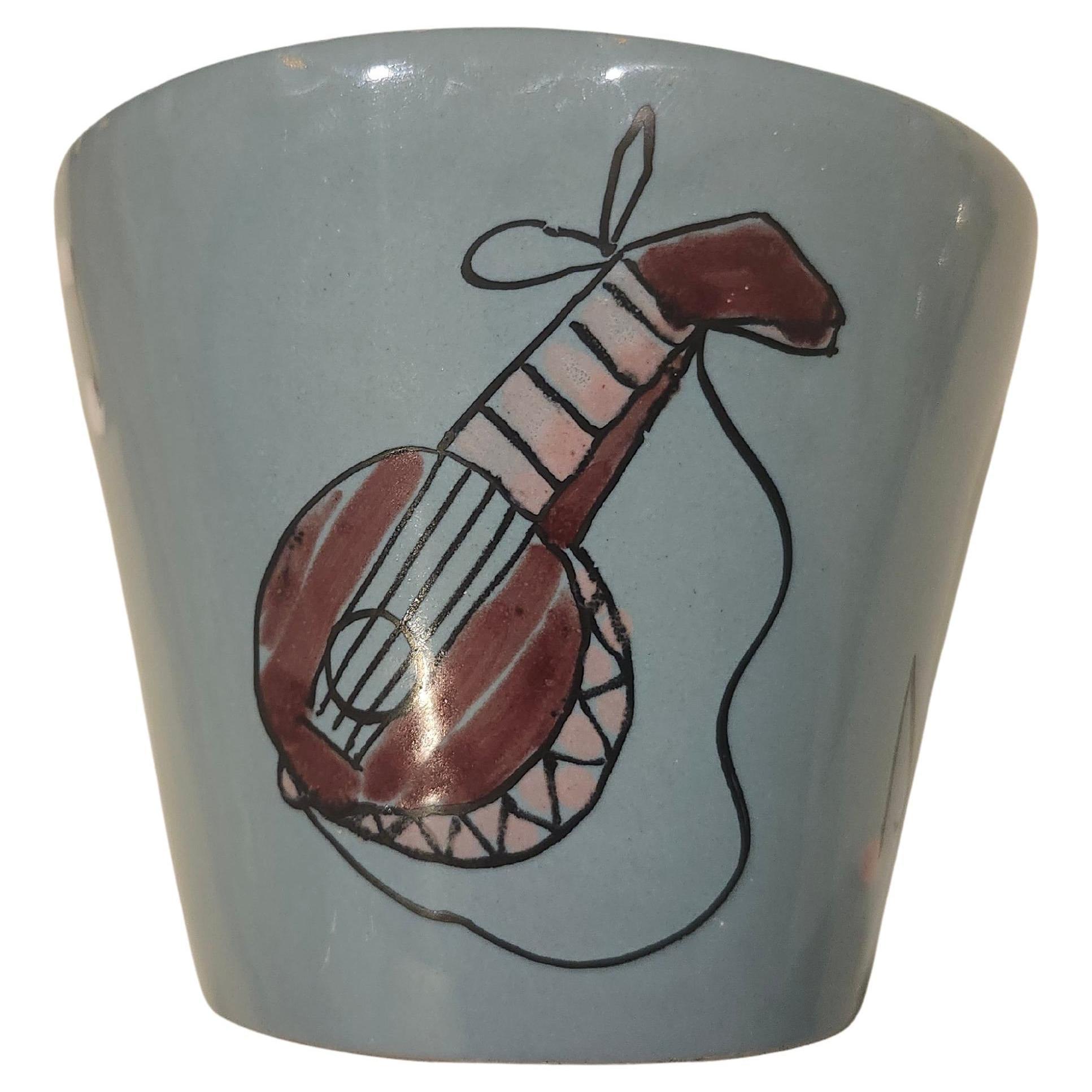Mid Century Italian Blue Bowl w Gitarre & Musiknoten von Fratelli Fanciullacci im Angebot