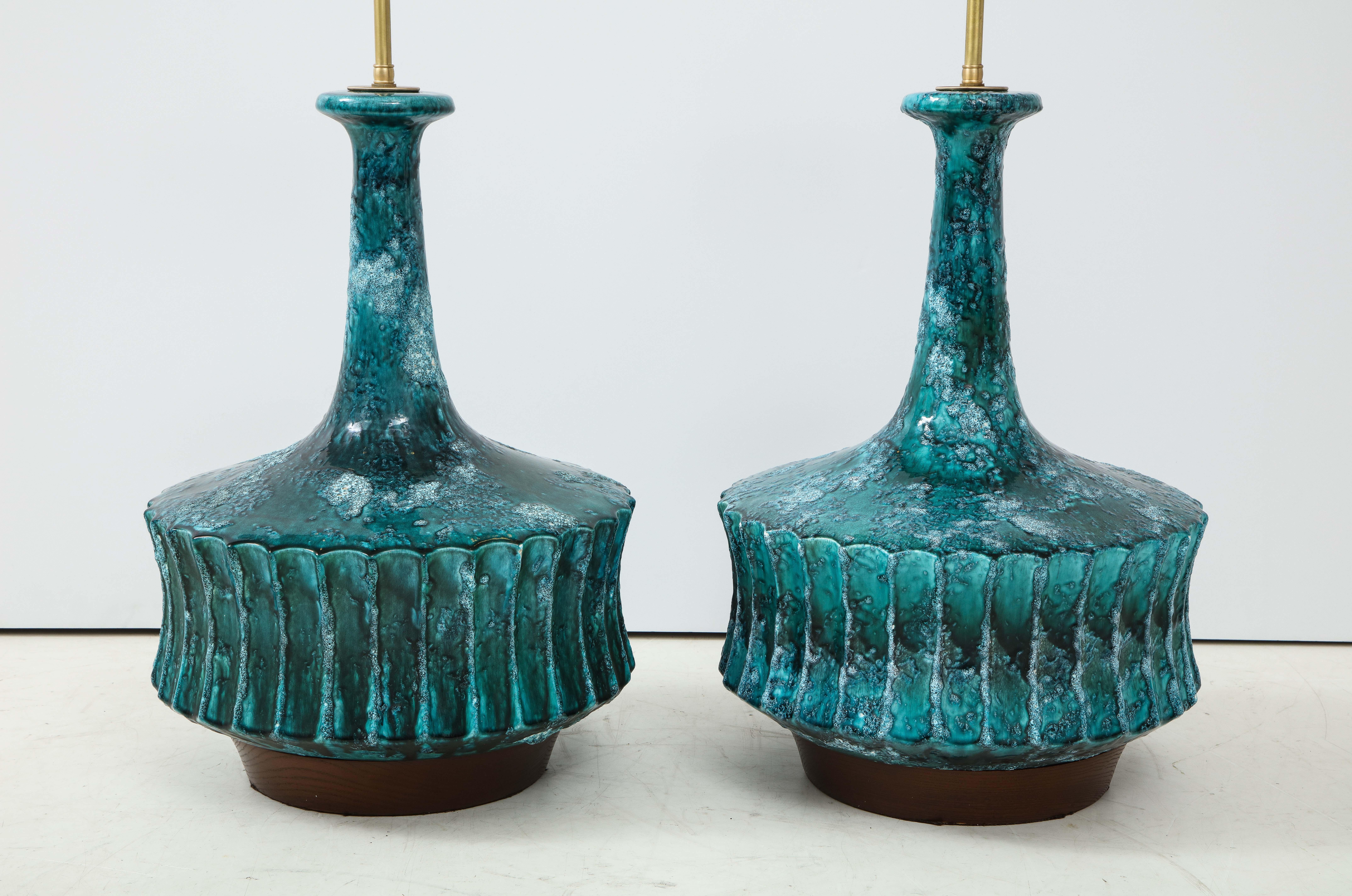 Midcentury Italian Blue, Green Glazed Ceramic Lamps In Good Condition In New York, NY
