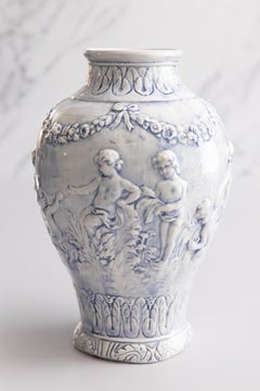 Neoclassical Style Italian Blue Majolica Cherubs Vase, circa 1950