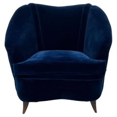 Mid-Century Italian Blue Velvet Armchair by Gio Ponti