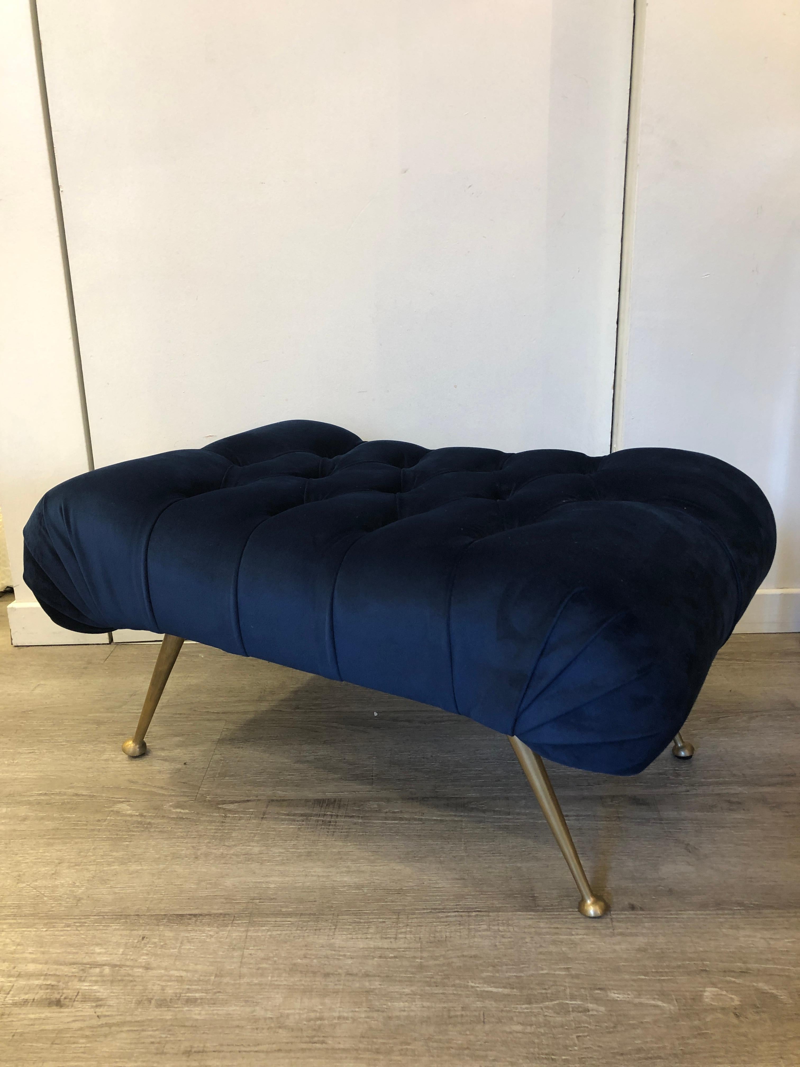 Mid-Century Italian Blue Velvet Brass Legs Footstools For Sale 6