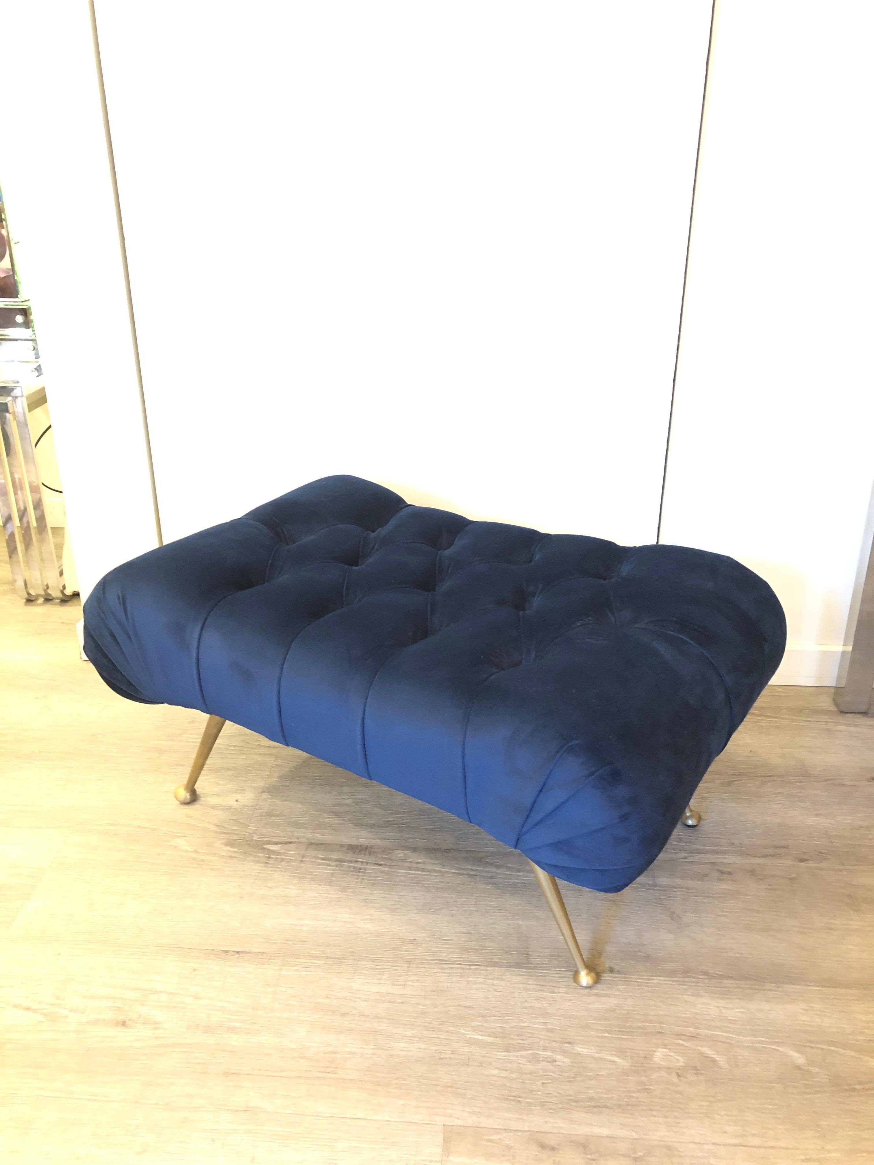 Mid-Century Italian Blue Velvet Brass Legs Footstools For Sale 9