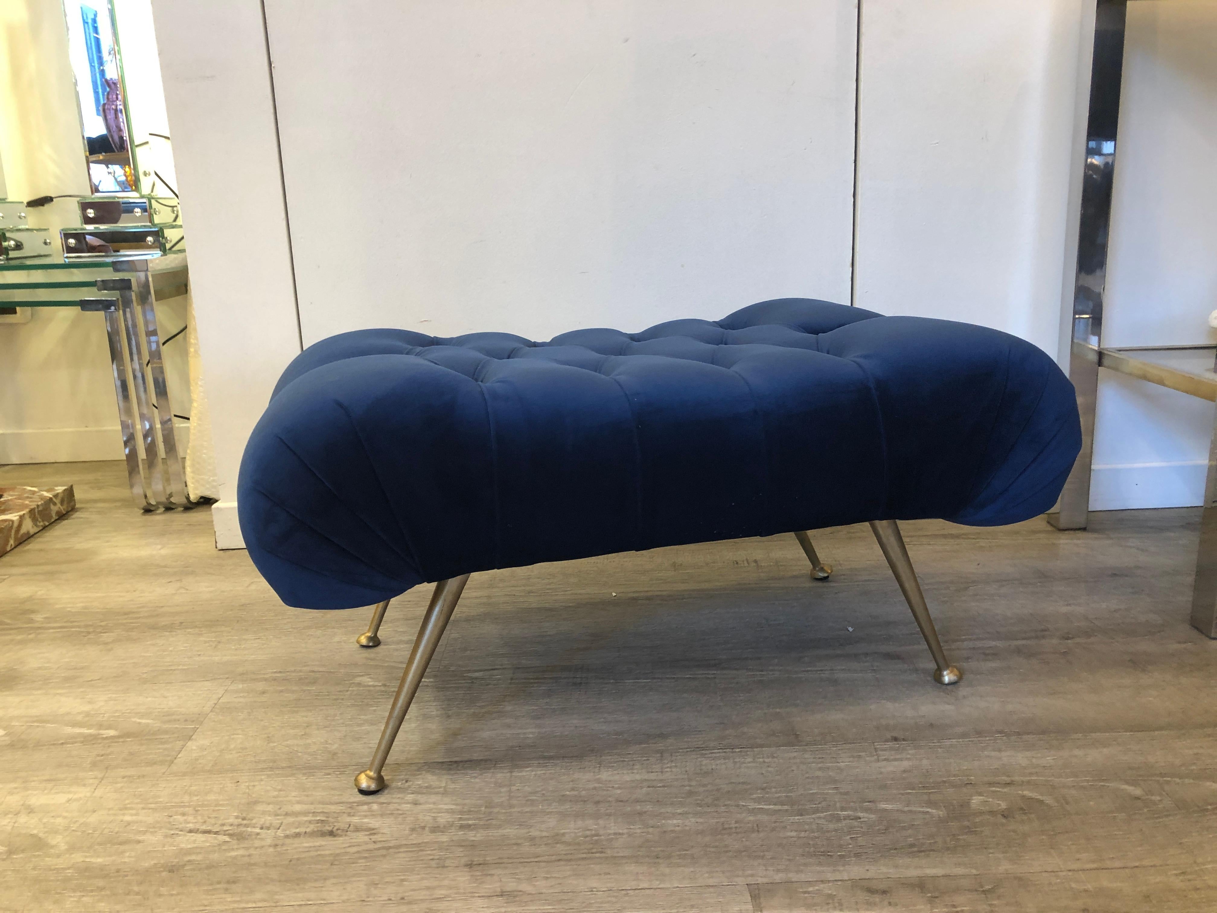 Mid-century Italian blue velvet brass legs footstools
Quantity Available : 2
These ottomans have been reupholstered by hand with blue velvet and re-padded according to the original shape .
Brass Legs are original.
Size of each stool: W 70 cm , D 45