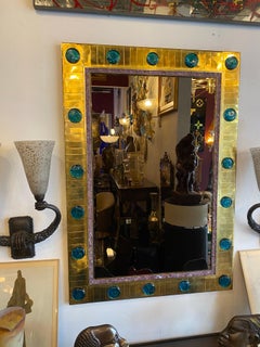 Espejo de Pared de Latón, Cristal Amatista y Cristal Italiano de Mediados de Siglo