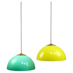 Mid-Century Italian Brass and Acrylic Glass Pendant Lamps, Set of 2