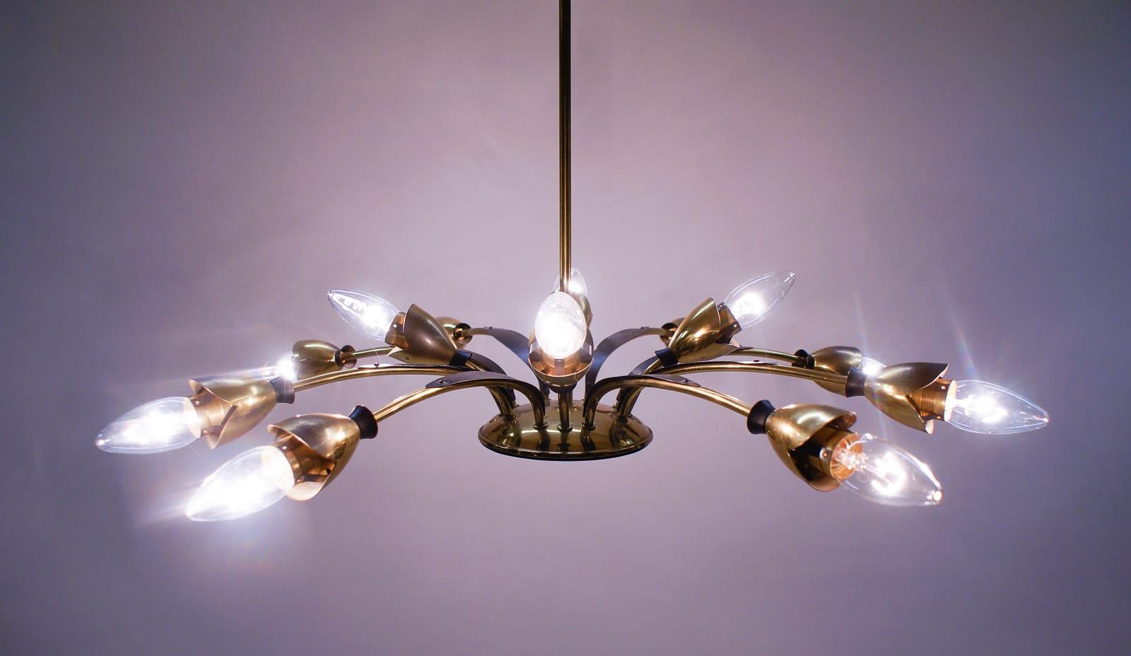 Mid-20th Century Mid-Century Italian Brass and Glass 12-Arm Sputnik Ceiling Lamp, 1950s For Sale