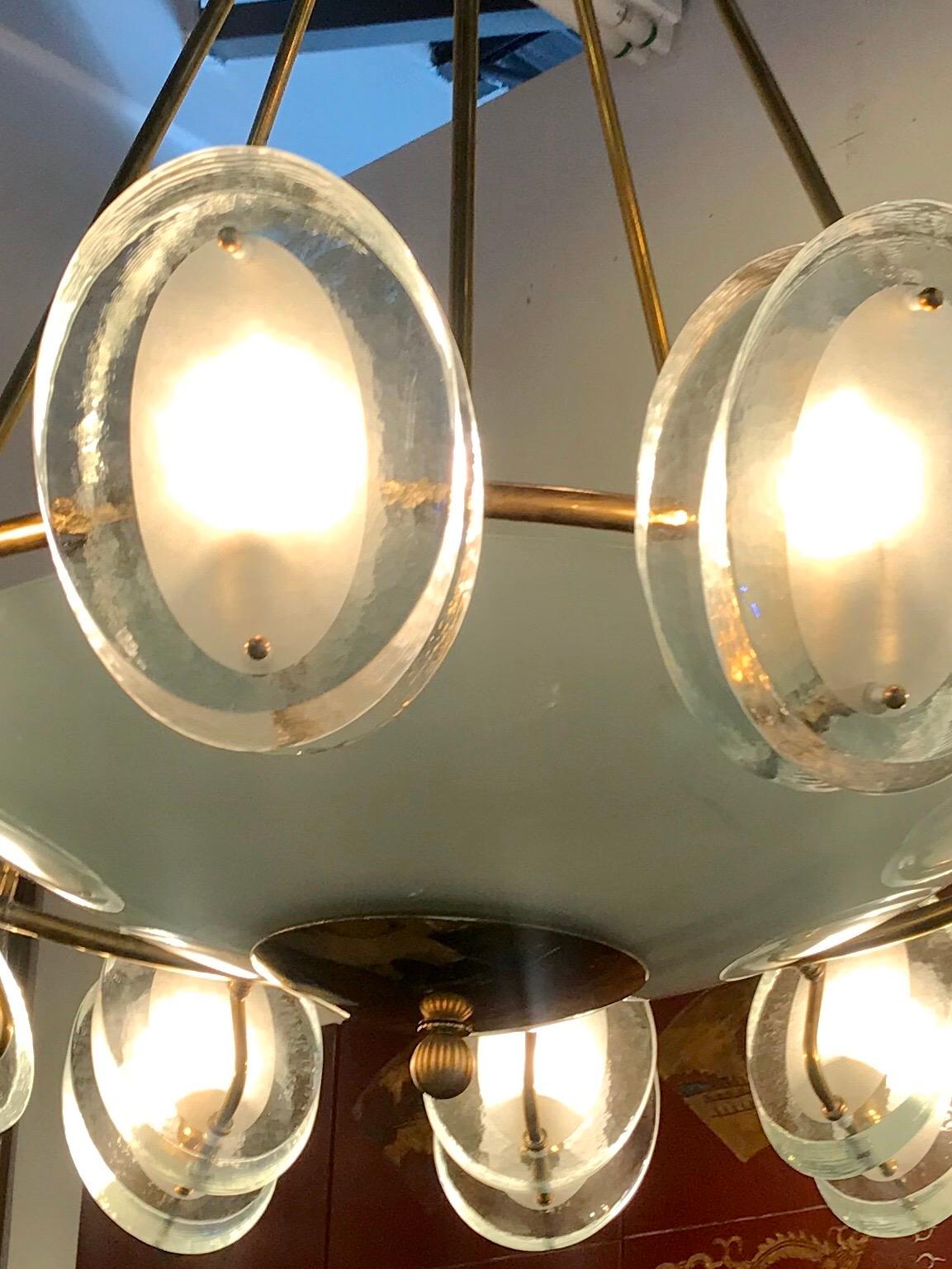 Mid-Century Modern Mid-Century Italian Brass and Glass Chandelier For Sale