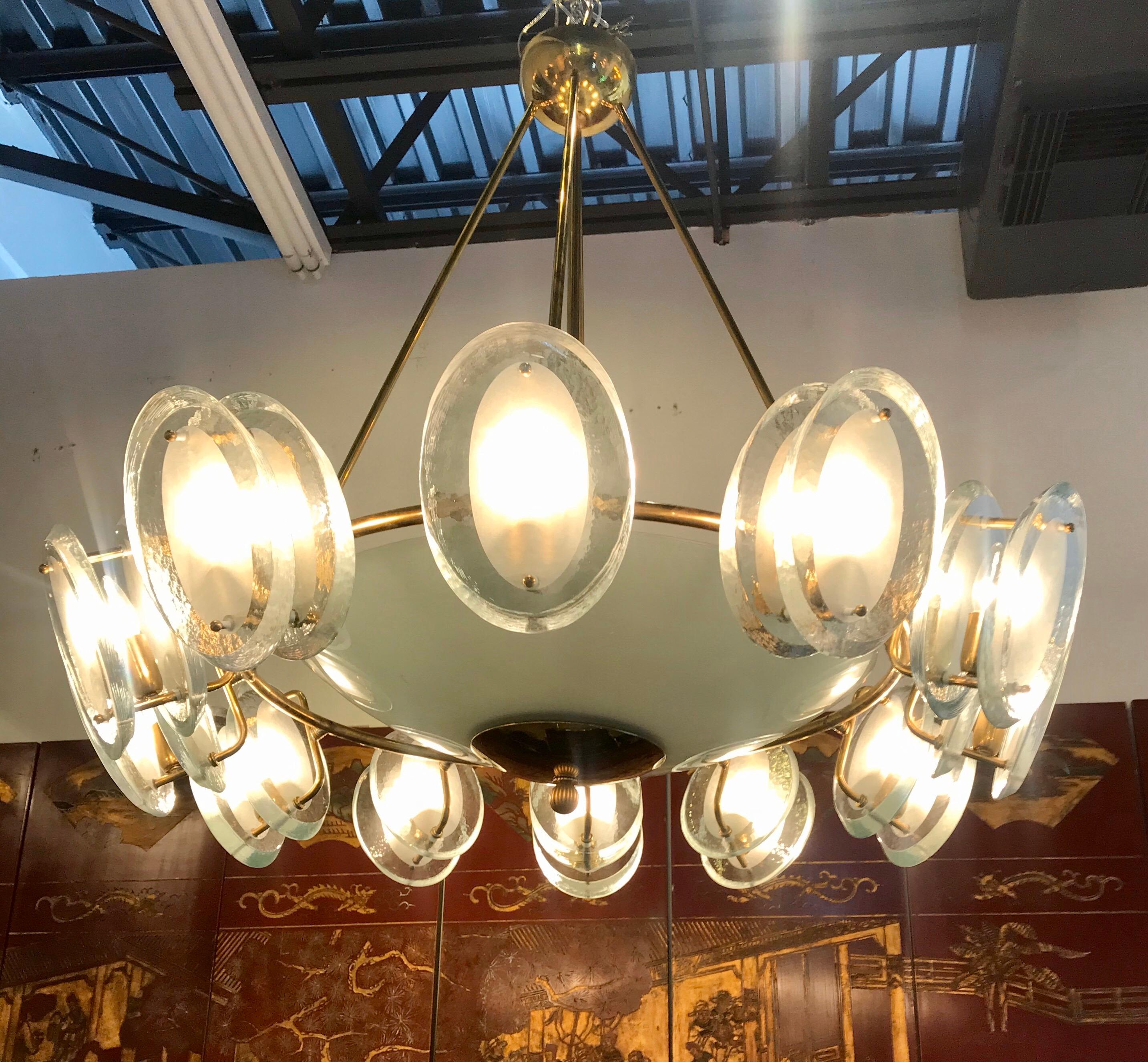 Mid-20th Century Mid-Century Italian Brass and Glass Chandelier