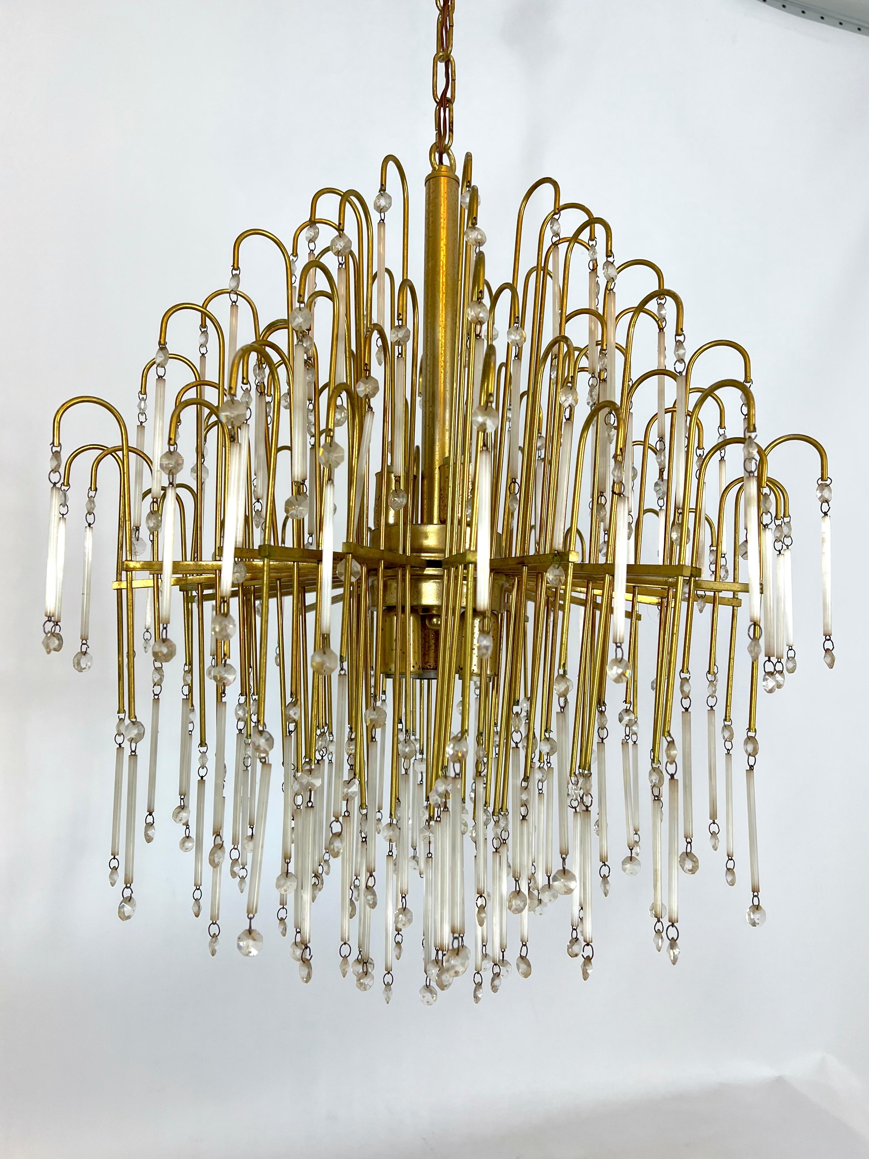 Brass Mid-century, Italian brass and glass chandelier from 70s For Sale