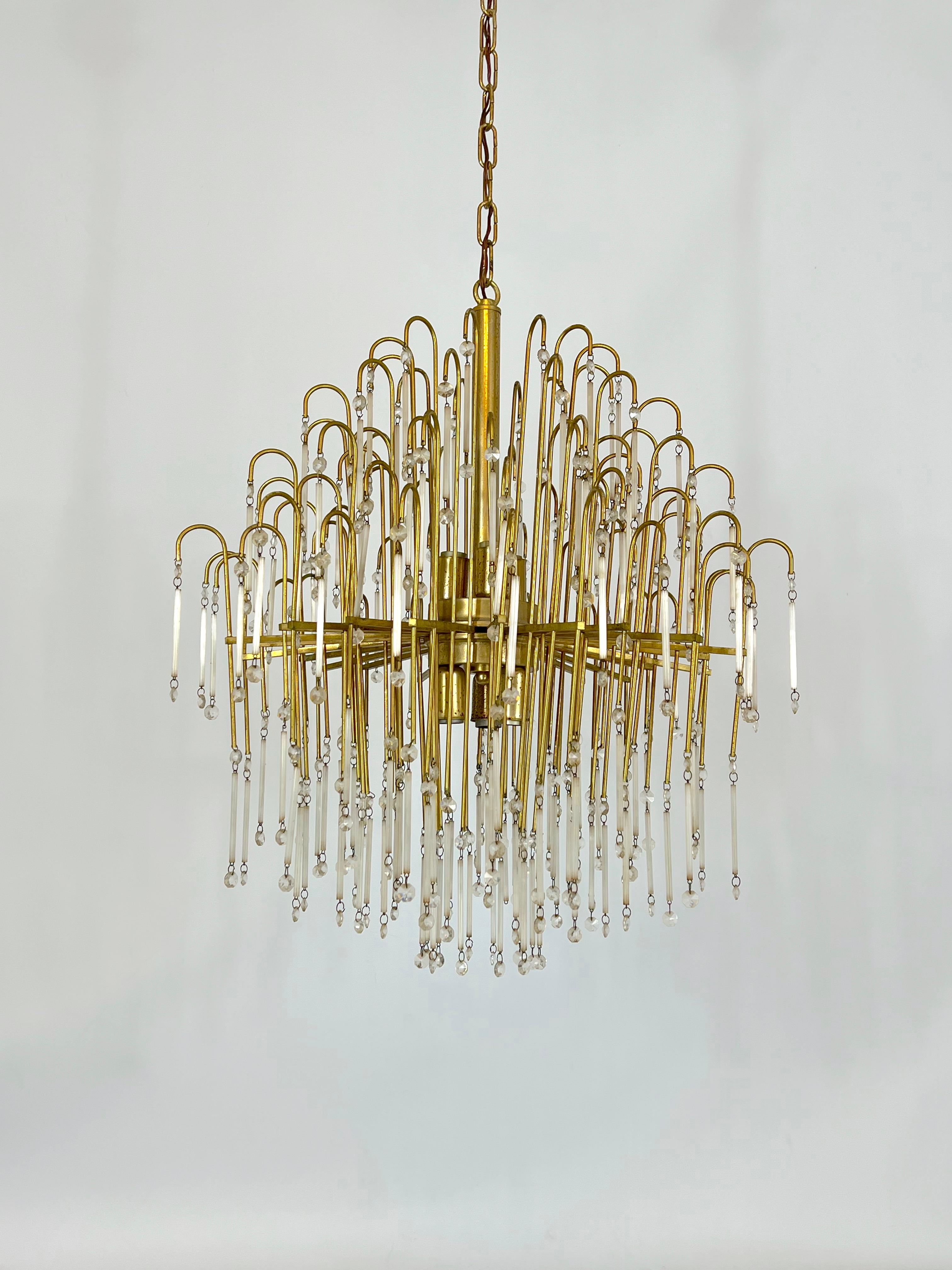 Mid-century, Italian brass and glass chandelier from 70s For Sale 1