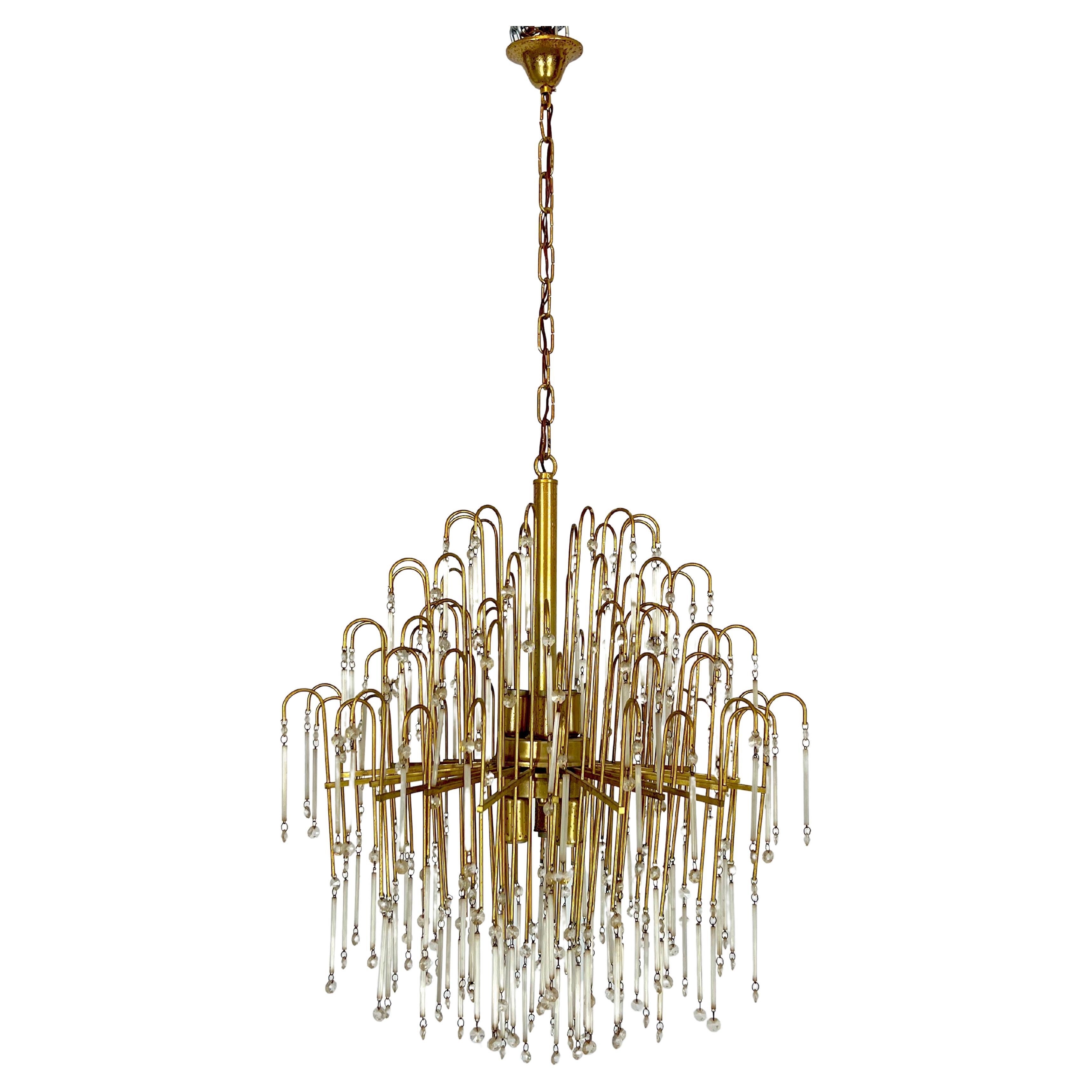 Mid-century, Italian brass and glass chandelier from 70s For Sale