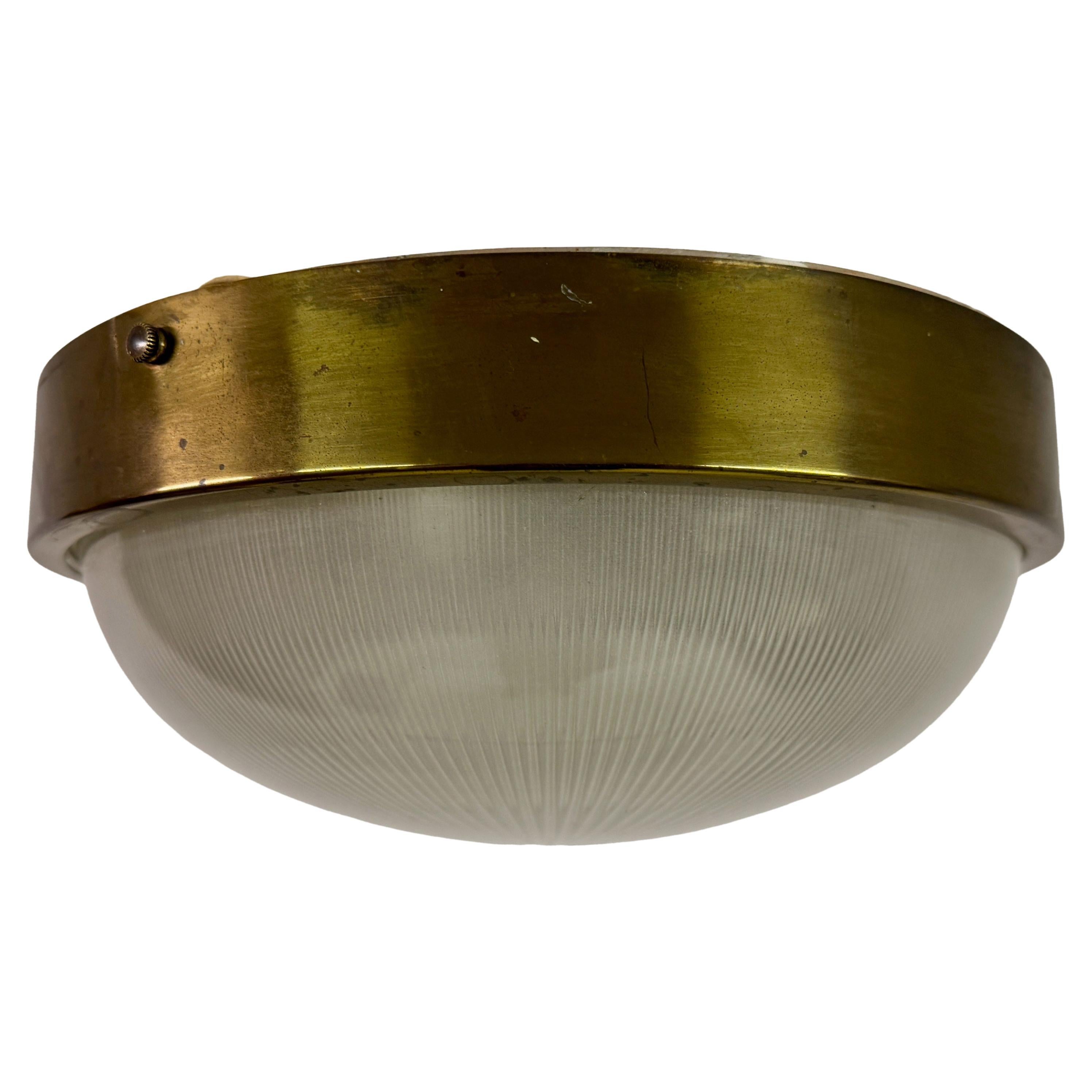 Mid Century Italian Brass and Glass Flush Mounted Ceiling or Wall Light