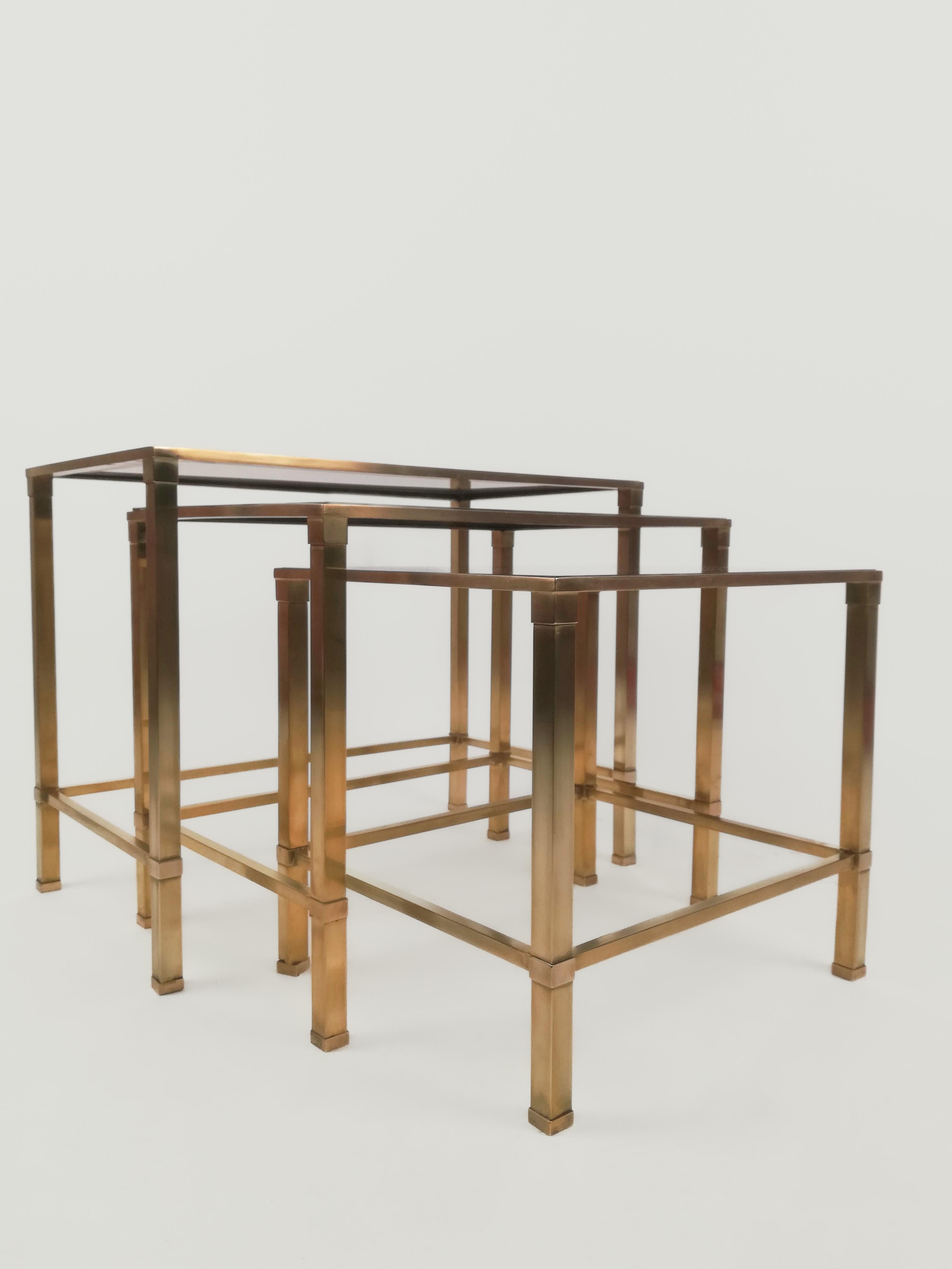 Midcentury Italian Brass and Glass Set of 3 Nesting Tables For Sale 7