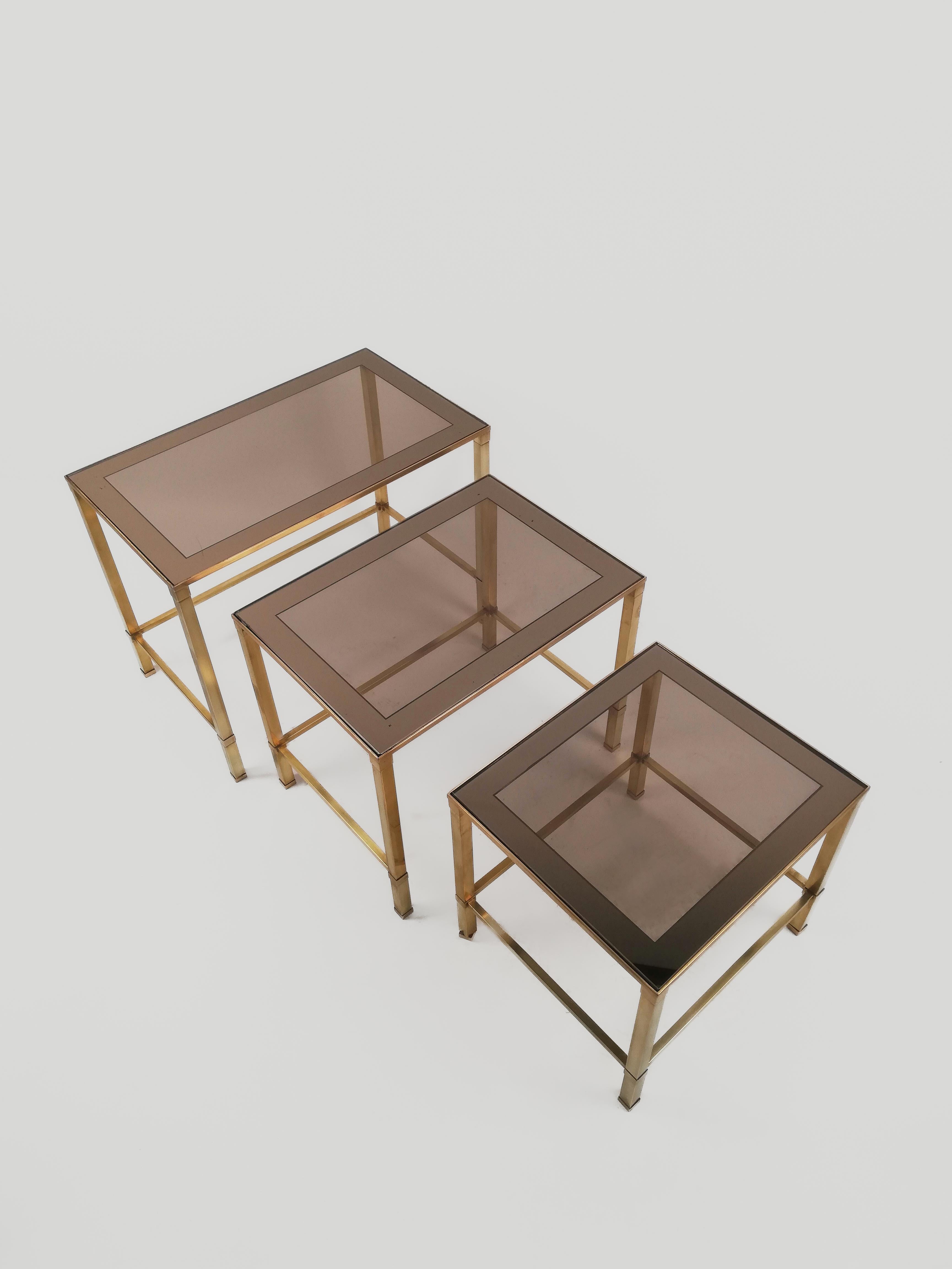 Midcentury Italian Brass and Glass Set of 3 Nesting Tables For Sale 8