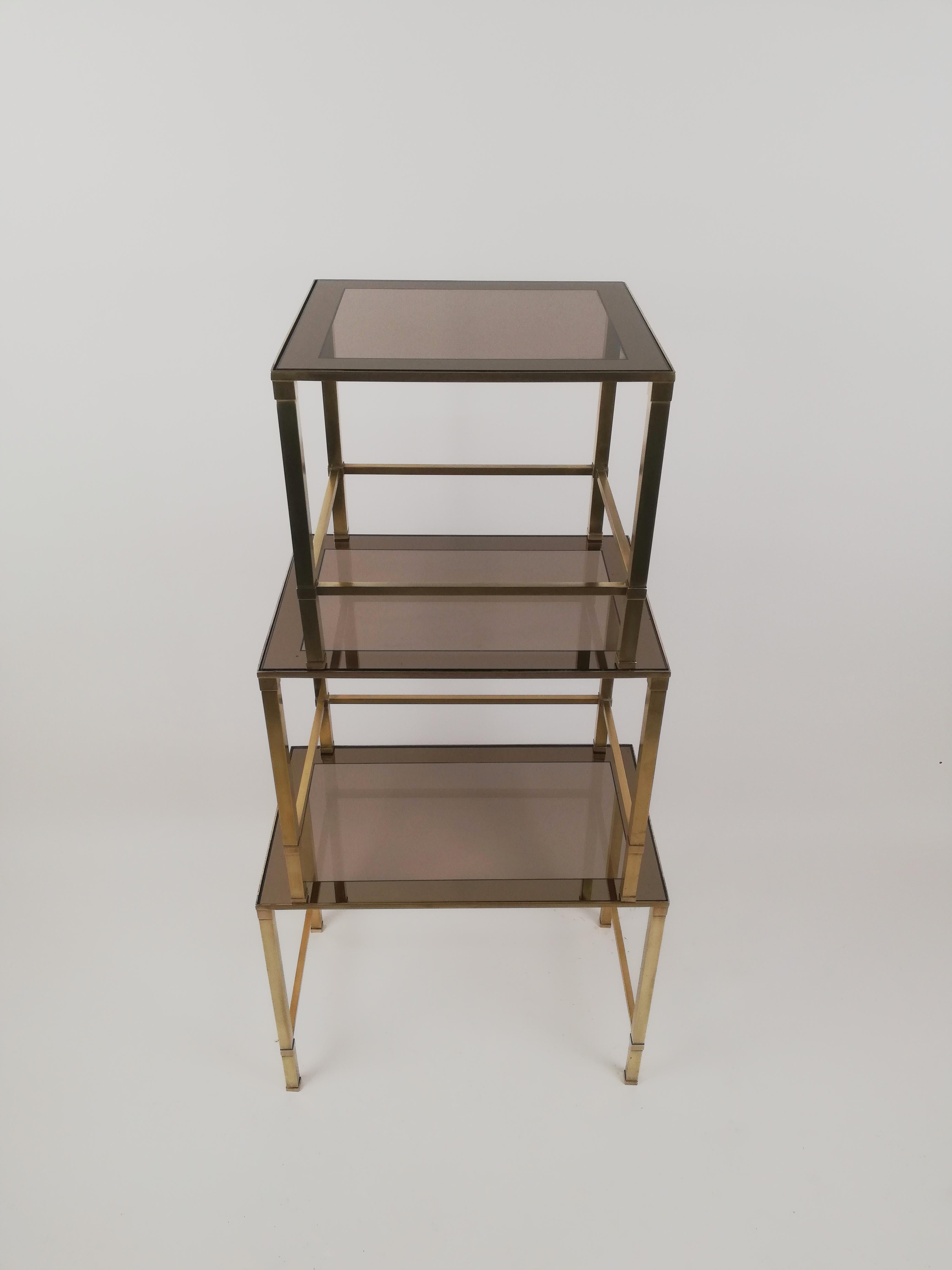 Midcentury Italian Brass and Glass Set of 3 Nesting Tables For Sale 11