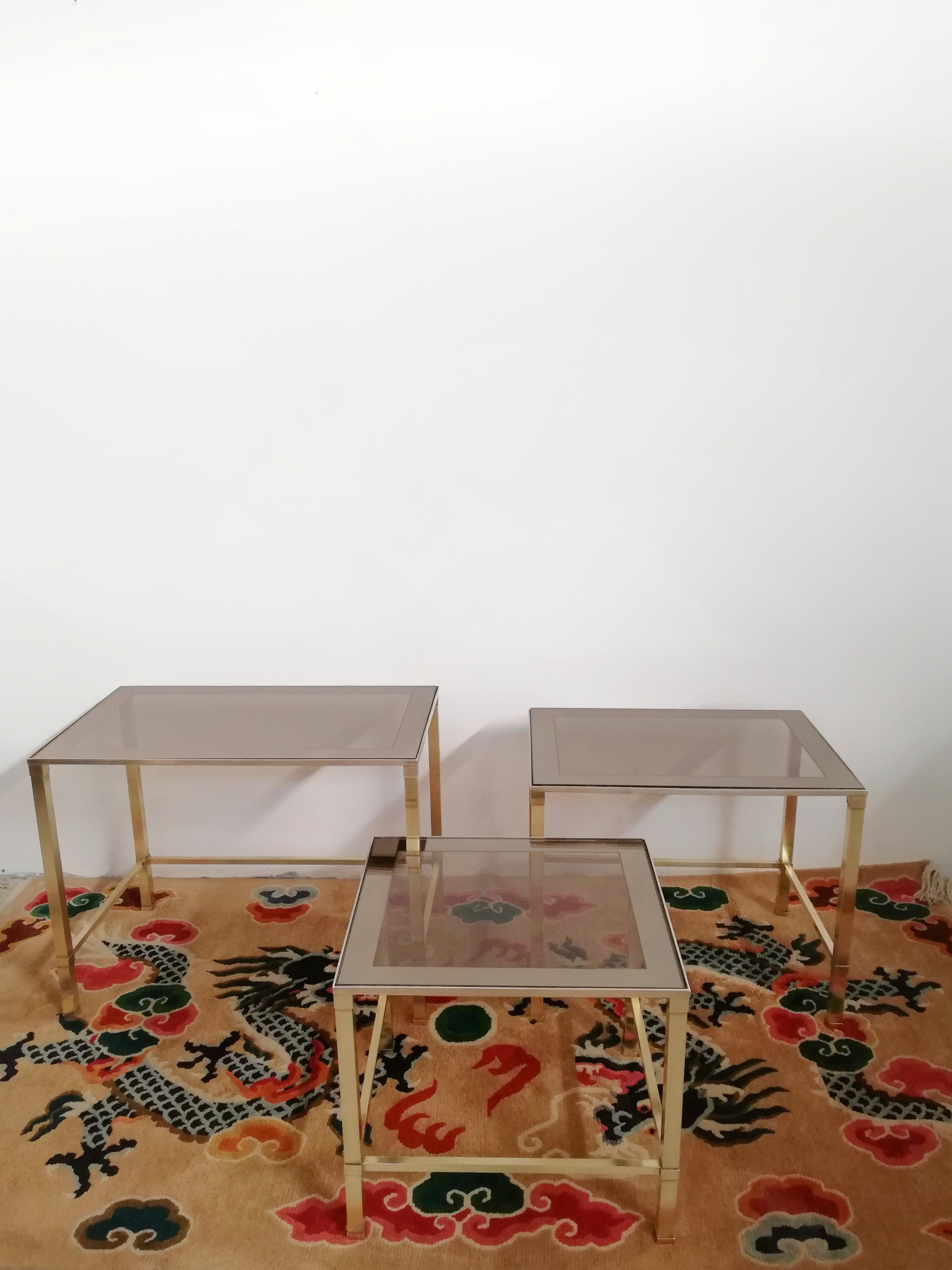 Midcentury Italian Brass and Glass Set of 3 Nesting Tables For Sale 1