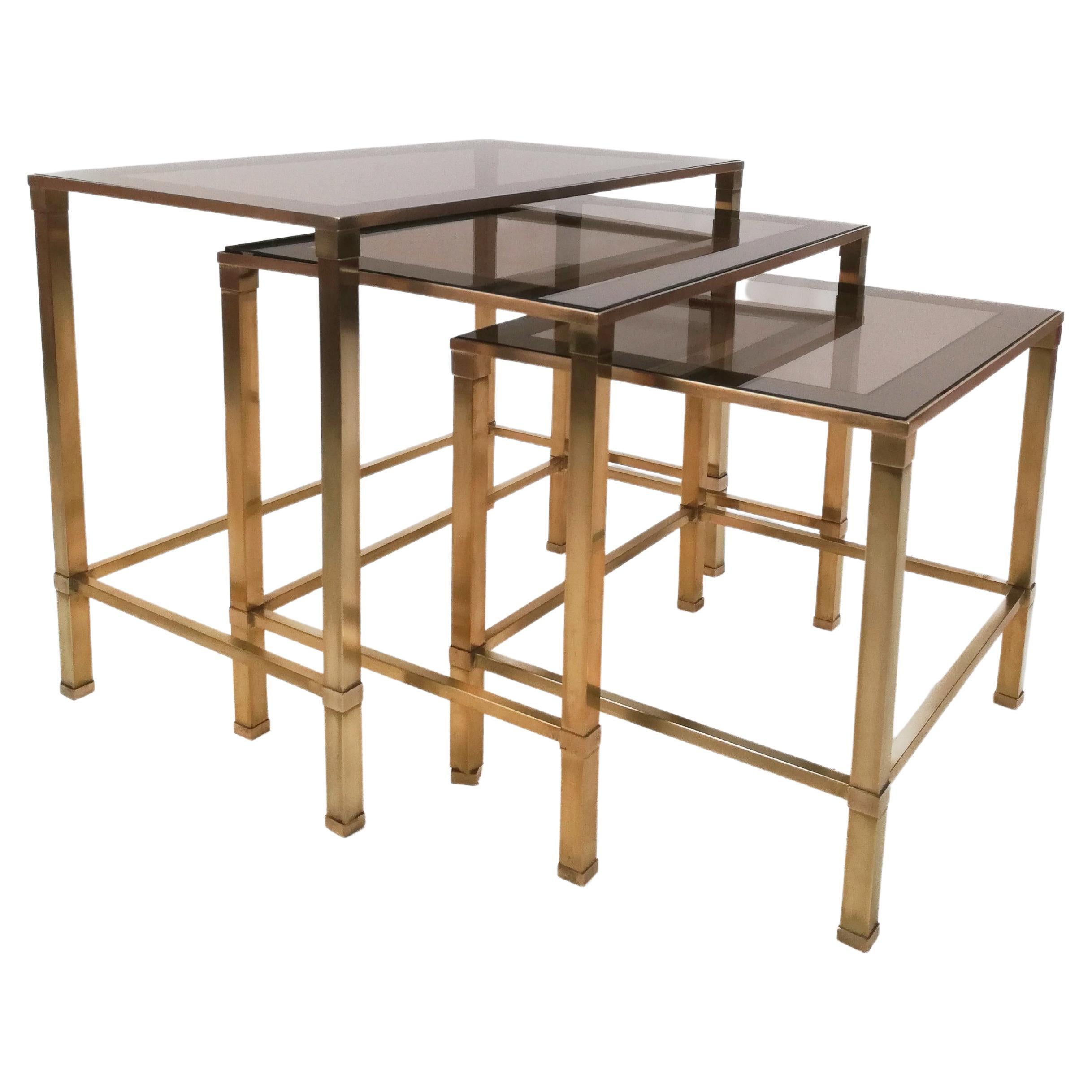 Midcentury Italian Brass and Glass Set of 3 Nesting Tables For Sale