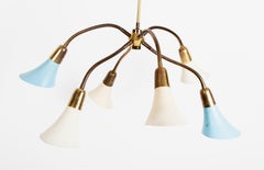 Mid Century Italian Brass and Glass Six Arm Pendant Chandelier Stilnovo, C.1950