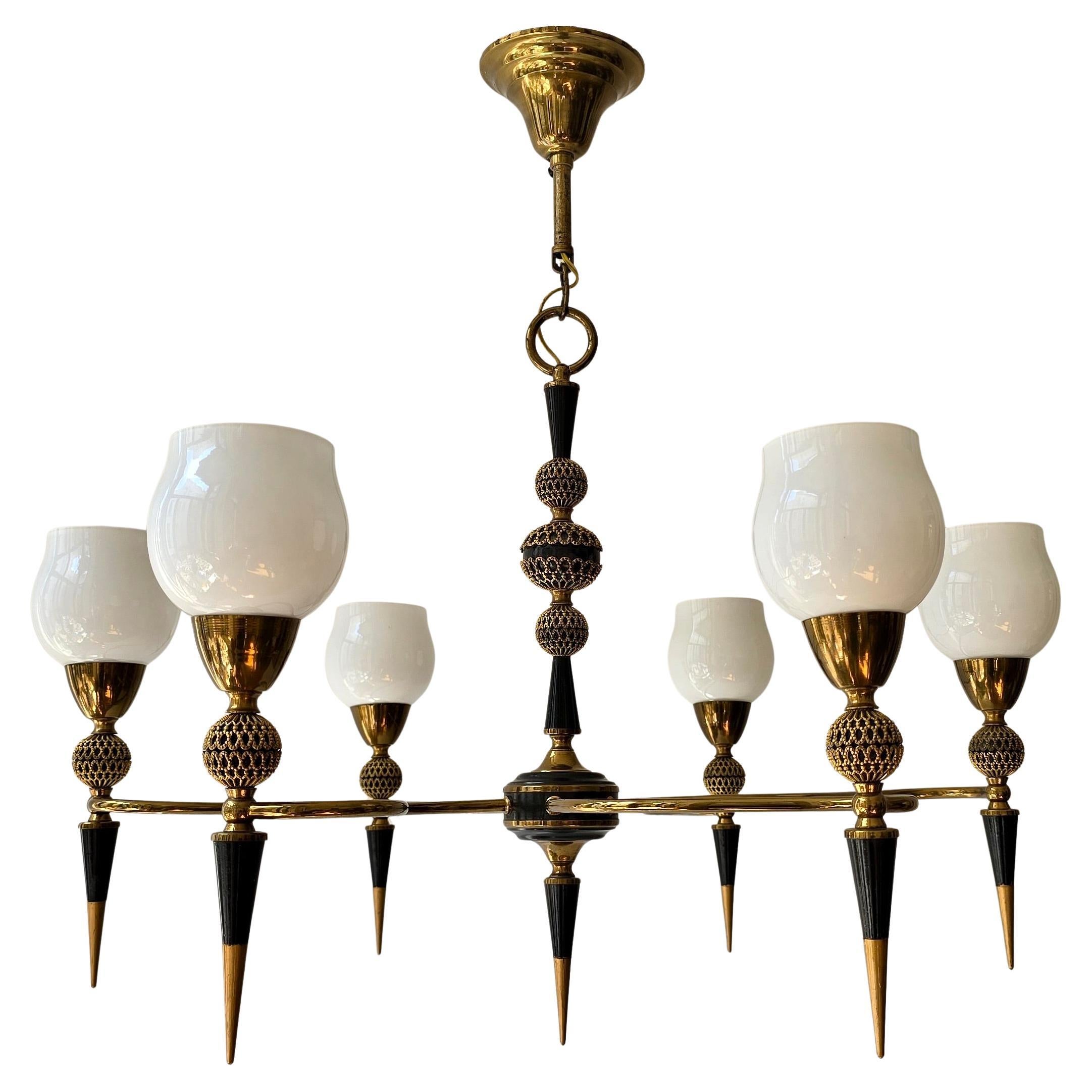 Mid-Century Modern Mid-Century Italian Brass and Opaline Glass Six-Light Chandelier, 1950s For Sale