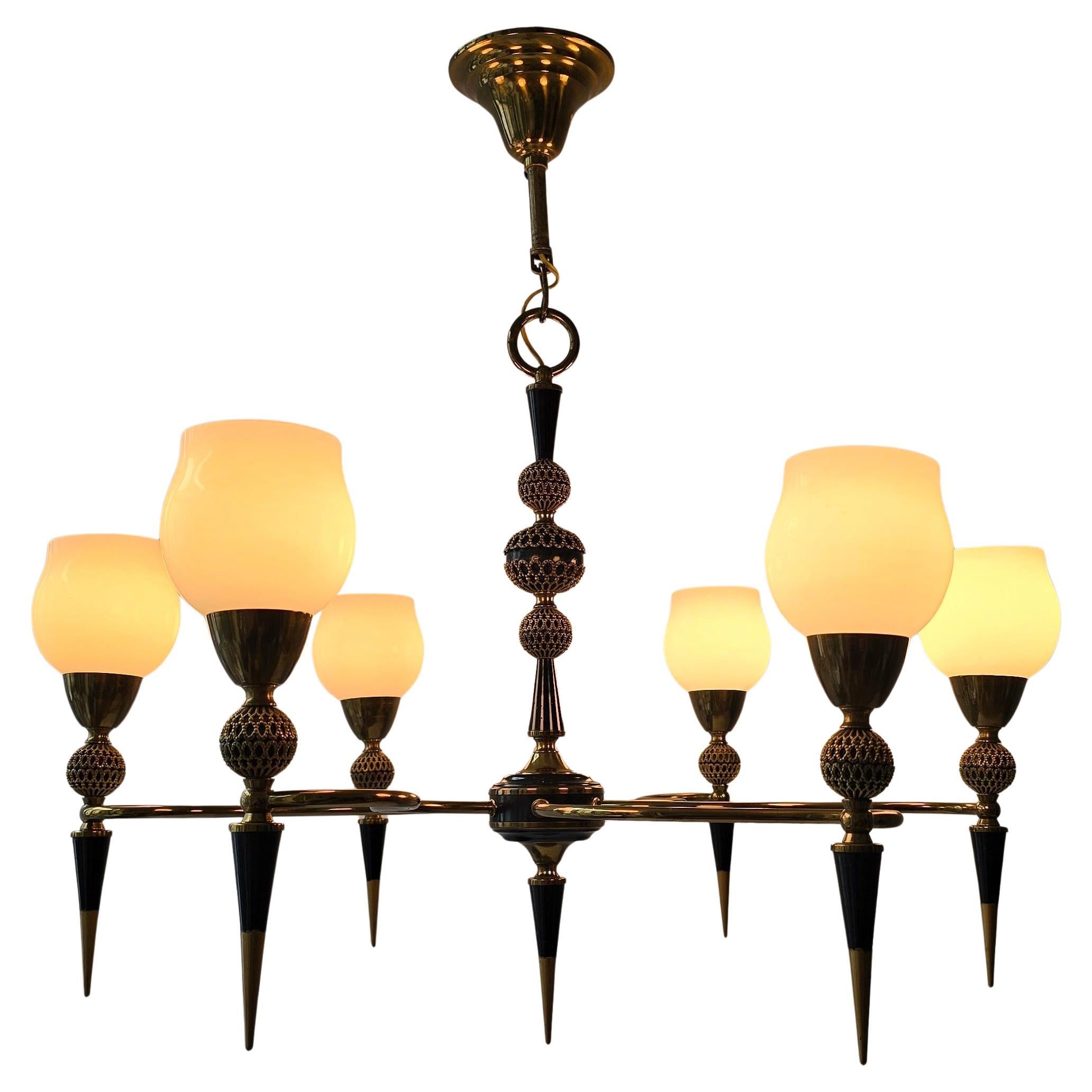 Mid-Century Italian Brass and Opaline Glass Six-Light Chandelier, 1950s In Good Condition For Sale In Antwerp, BE