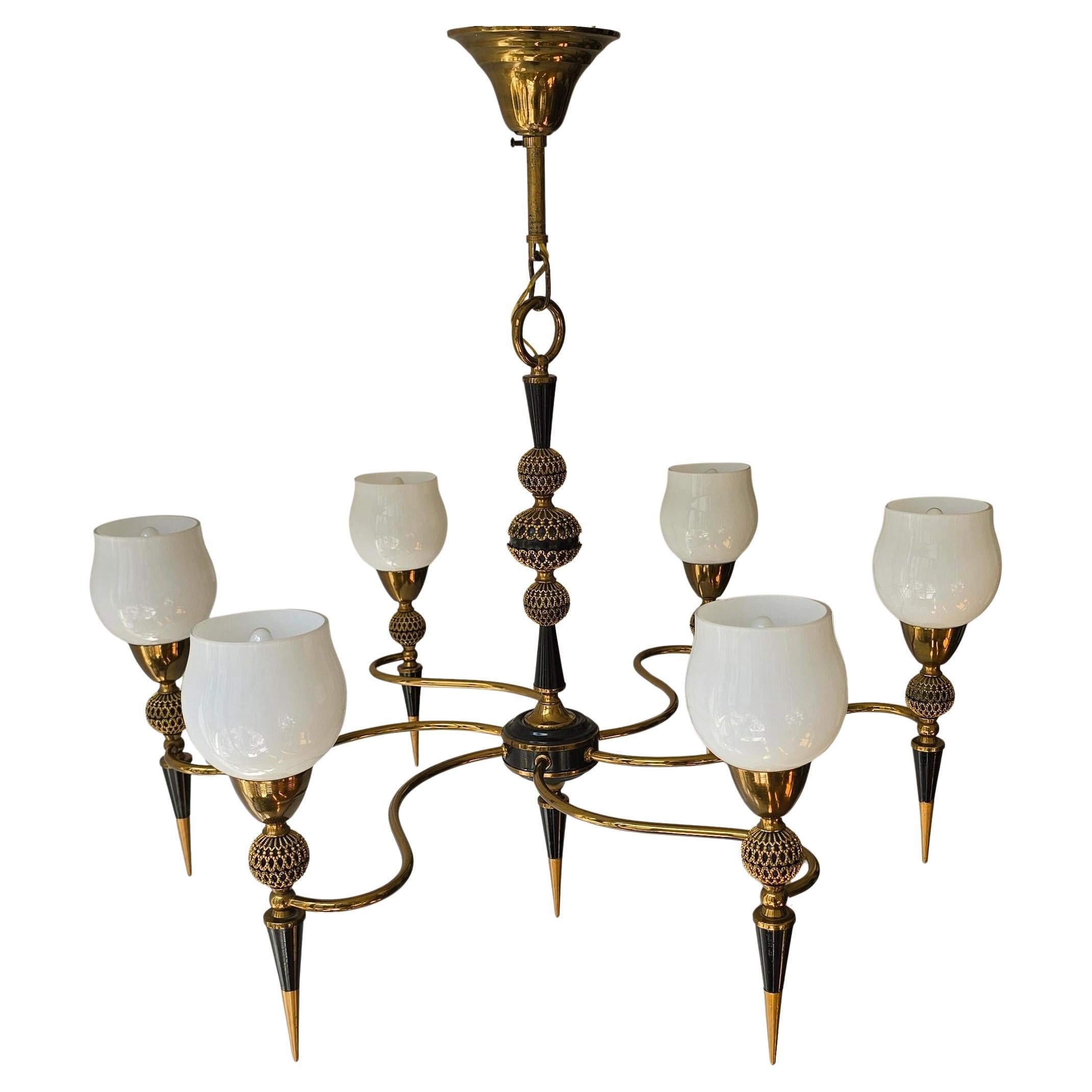 20th Century Mid-Century Italian Brass and Opaline Glass Six-Light Chandelier, 1950s For Sale