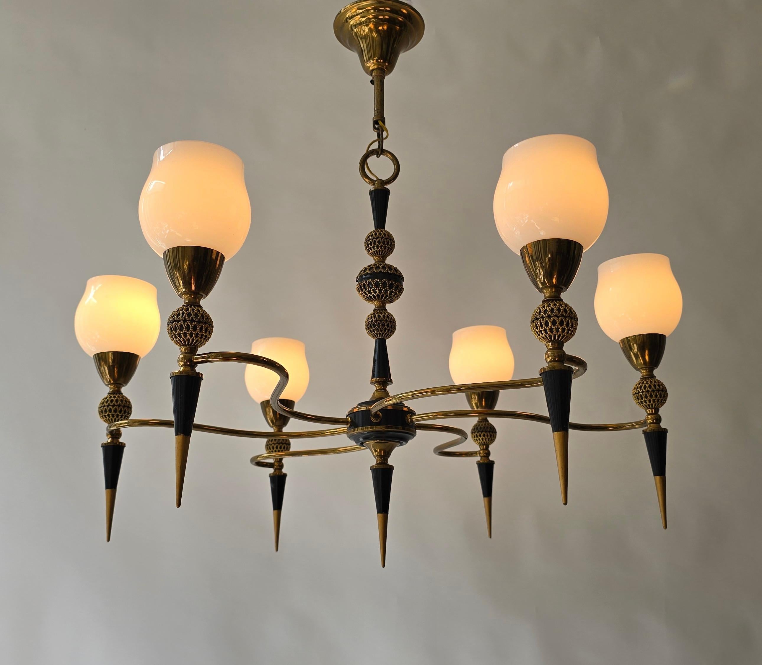 Mid-Century Italian Brass and Opaline Glass Six-Light Chandelier, 1950s For Sale 2