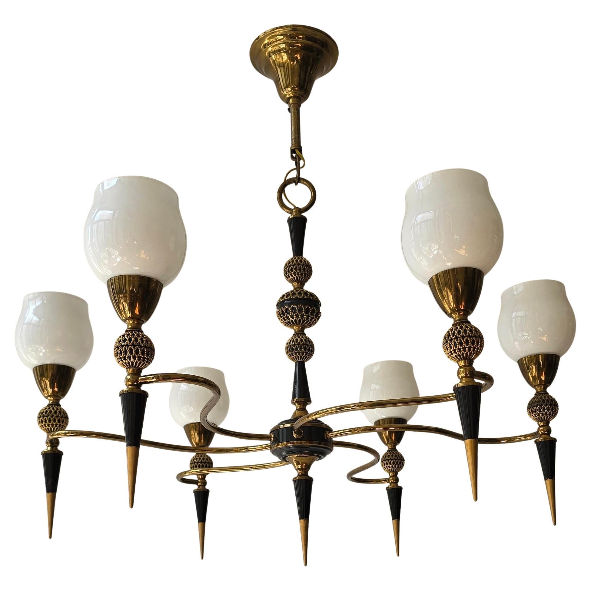 Mid-Century Italian Brass and Opaline Glass Six-Light Chandelier, 1950s