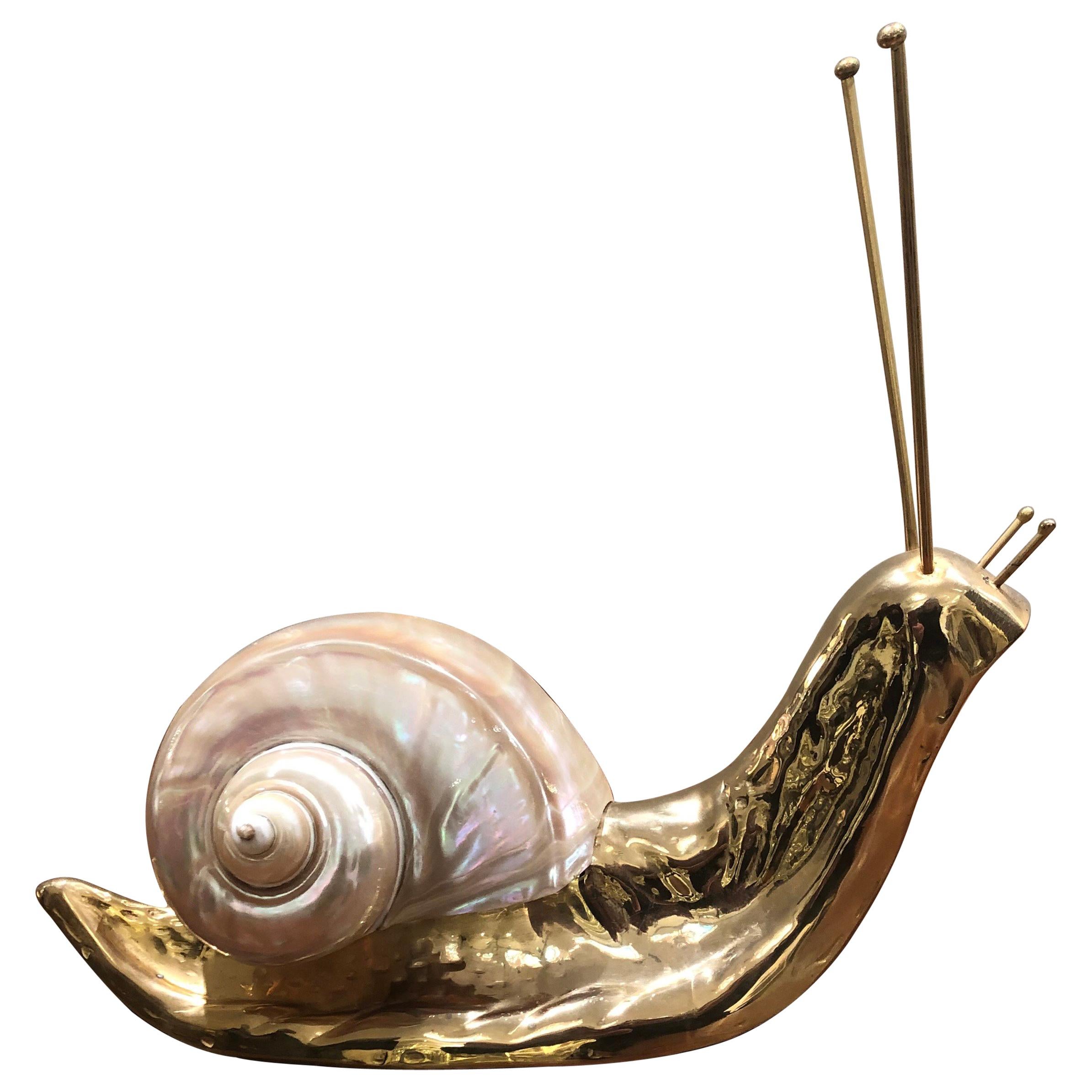 Mid Century Italian Brass and Shell Nautical Snail Art Sculpture
