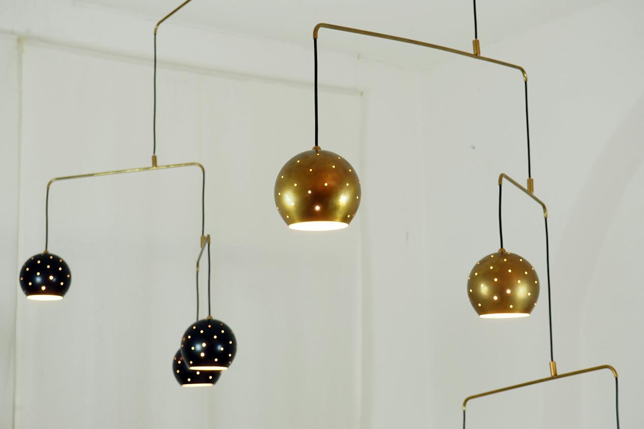 Mid-Century Modern Mid Century Italian Brass Black Large Mobile Chandelier 