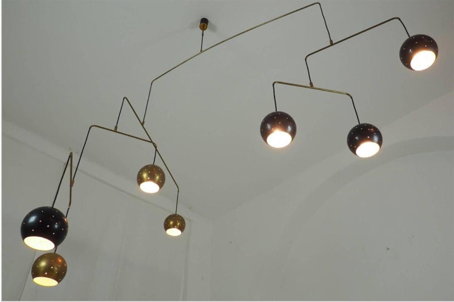 Metal Mid Century Italian Brass Black Large Mobile Chandelier 