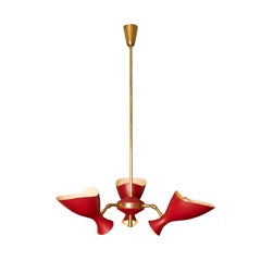 Mid-Century Italian Brass Chandelier Red-Creme Colored by Arredoluce, Monza 1950