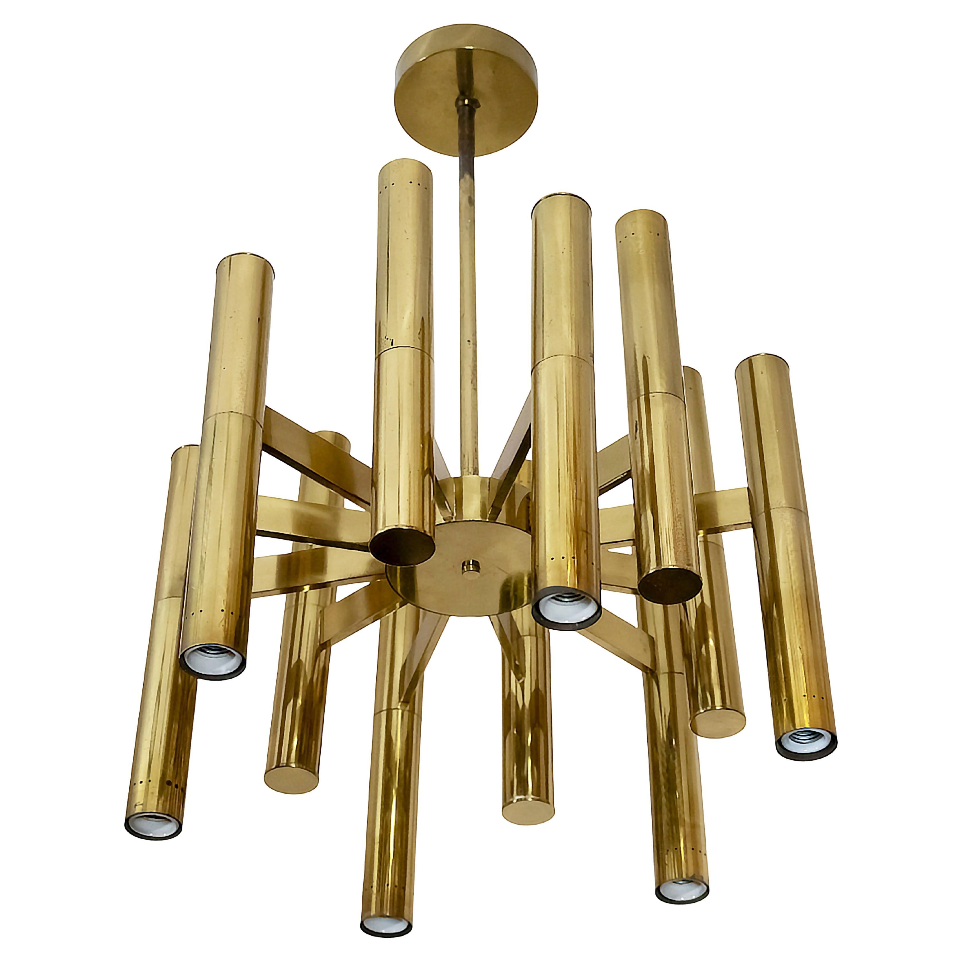 Mid-Century Italian Brass Chandelier, Tube Form Design, 1970s Vintage