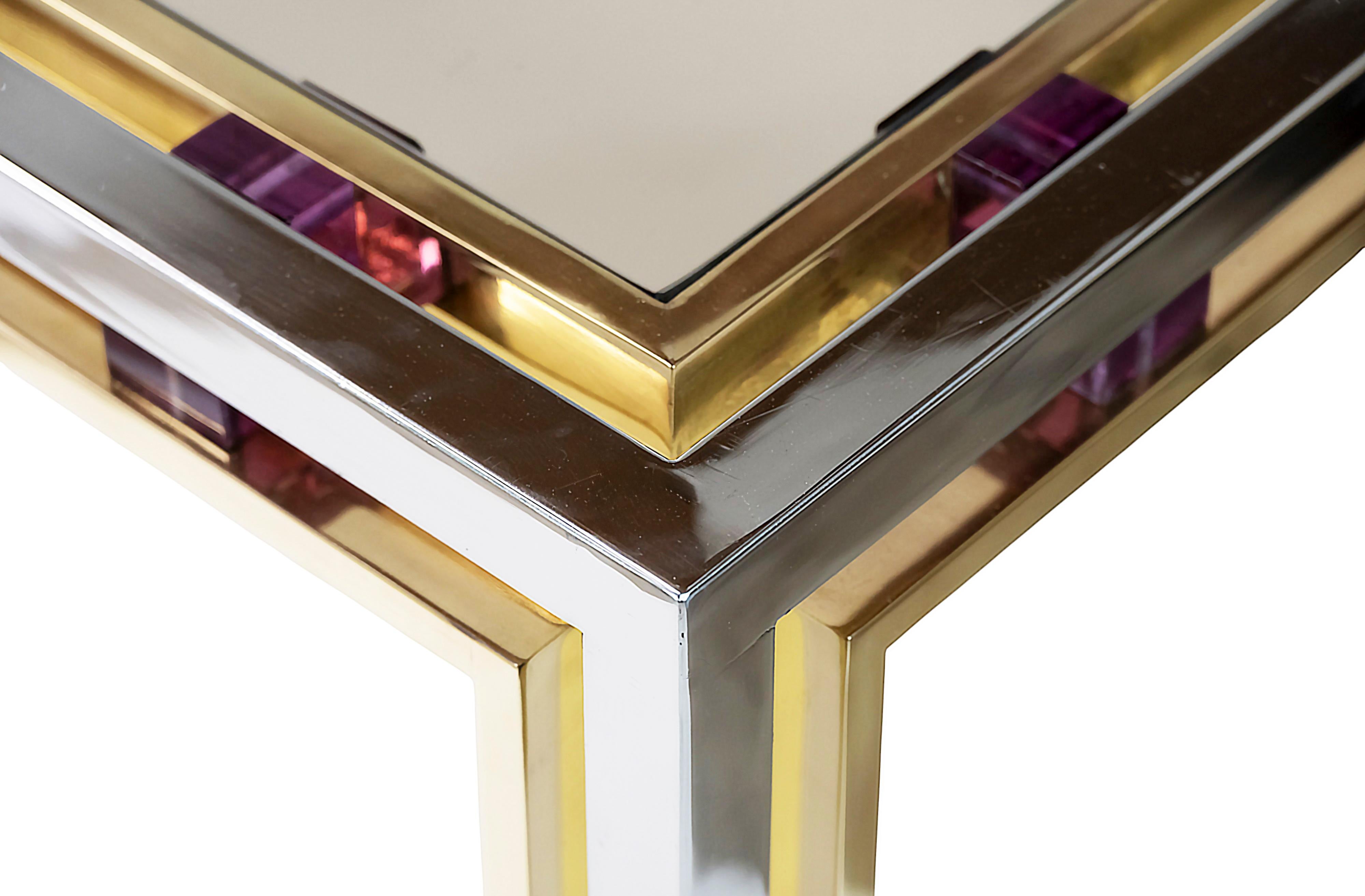 Mid-Century Modern Table console italienne du milieu du siècle en laiton, chrome et verre par Romeo Rega en vente