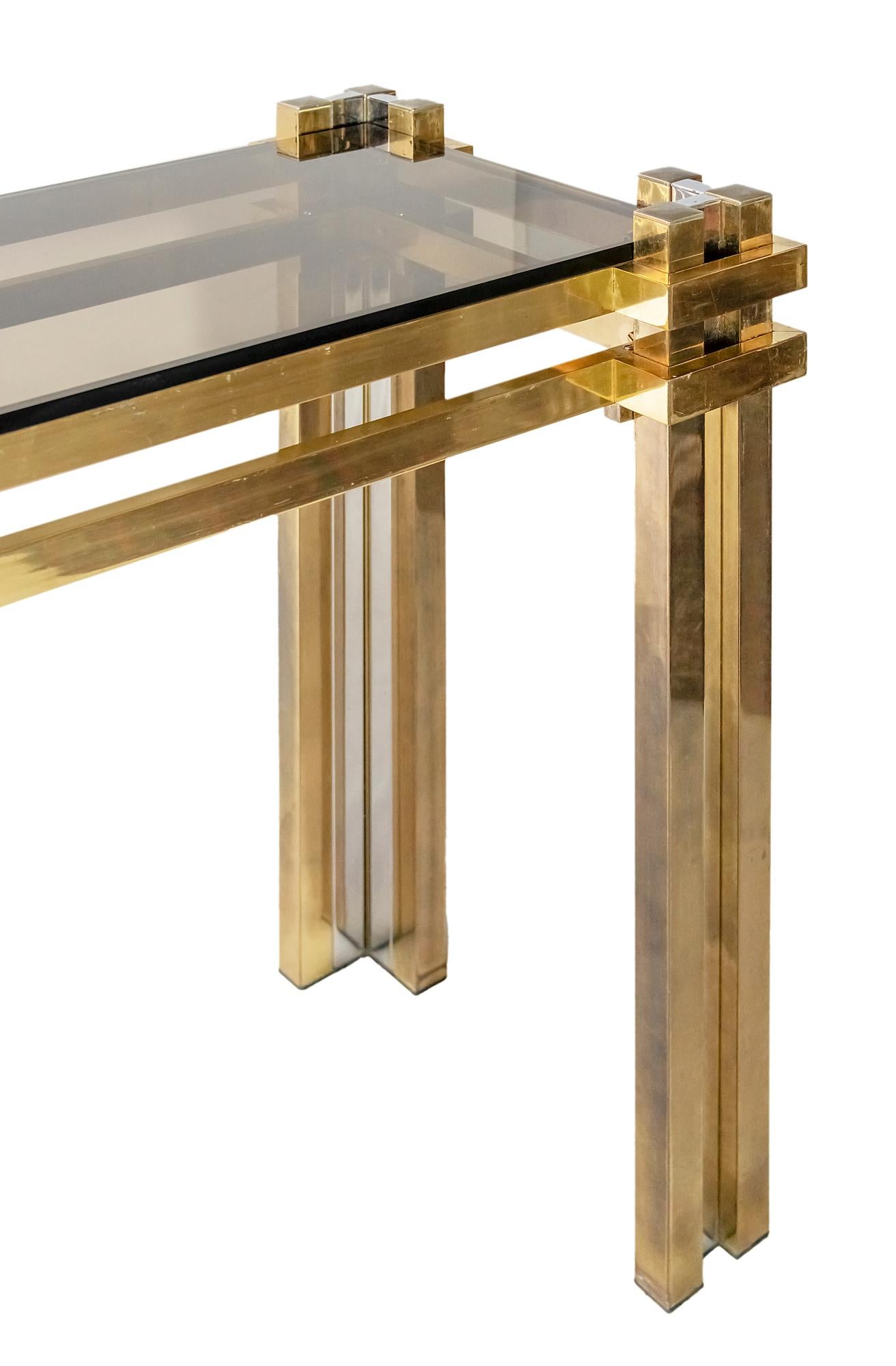 20th Century Mid-Century Italian Brass, Chrome and Glass Top Console Table by Romeo Rega