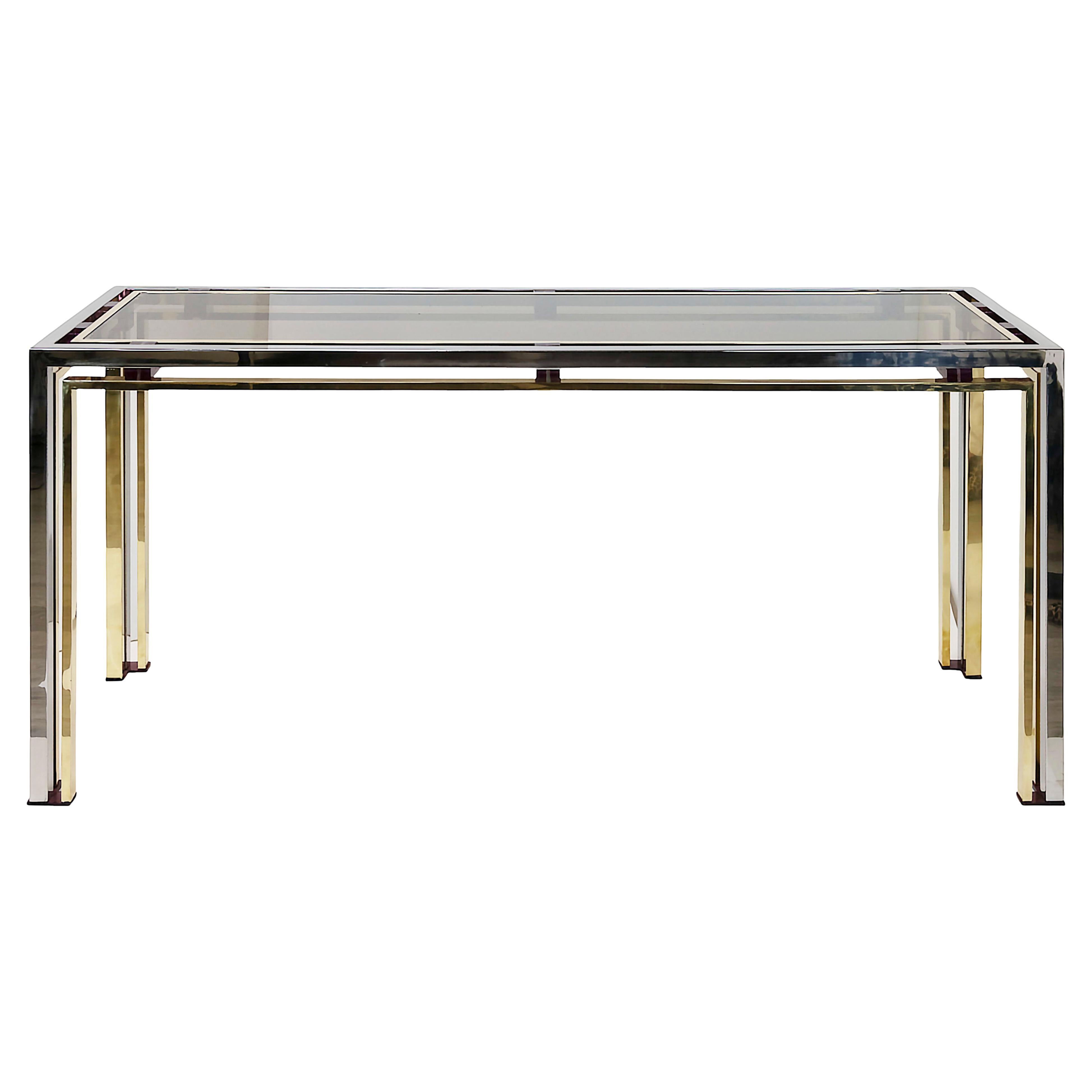 Table console italienne du milieu du siècle en laiton, chrome et verre par Romeo Rega en vente