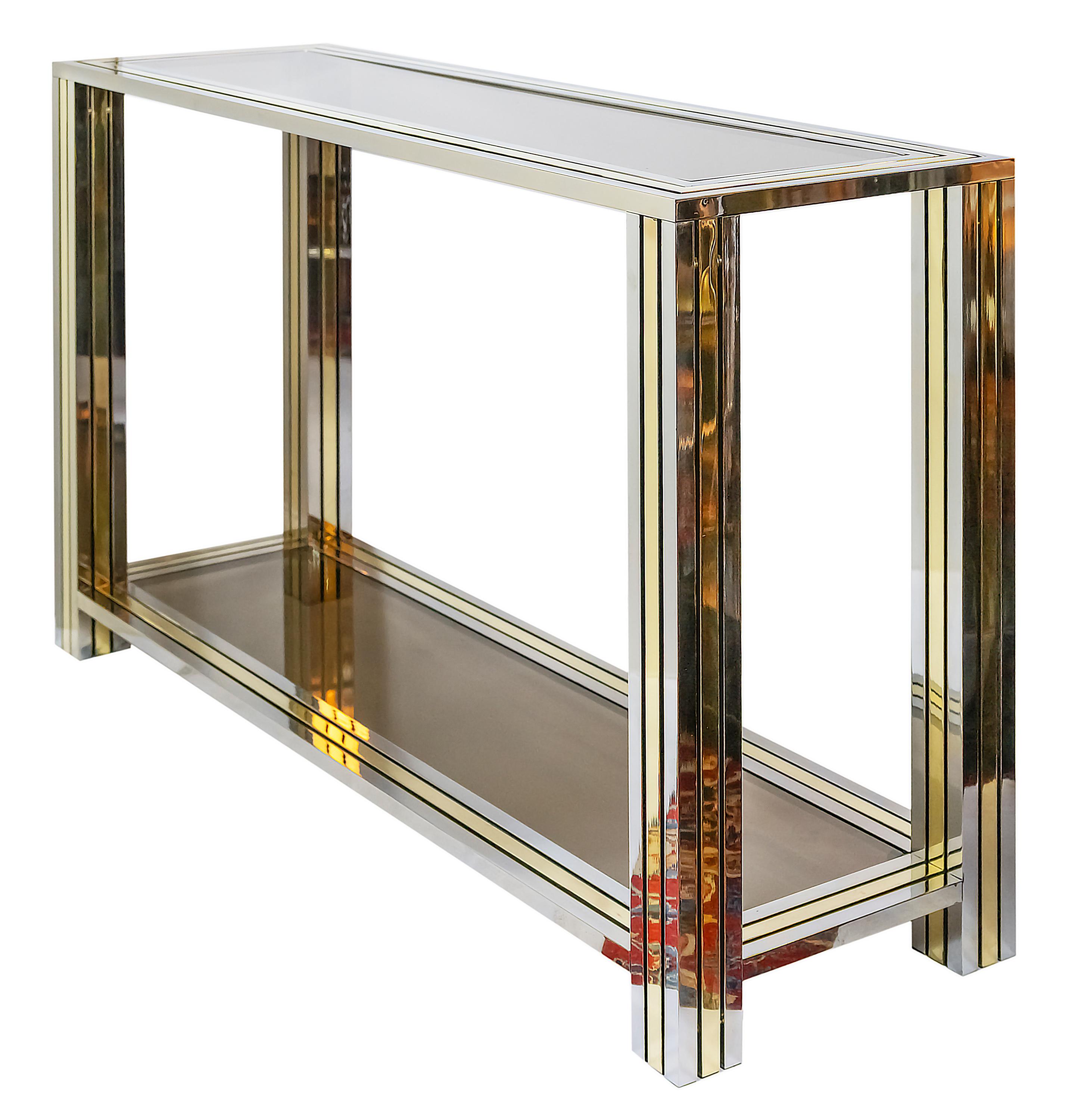 20th Century Mid-Century Italian Brass, Chrome and Glass Top Console Table