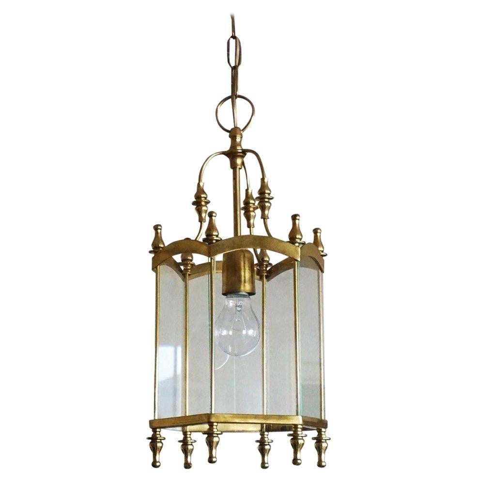Mid-Century Italian Brass Clear Glass Lantern, Pendant