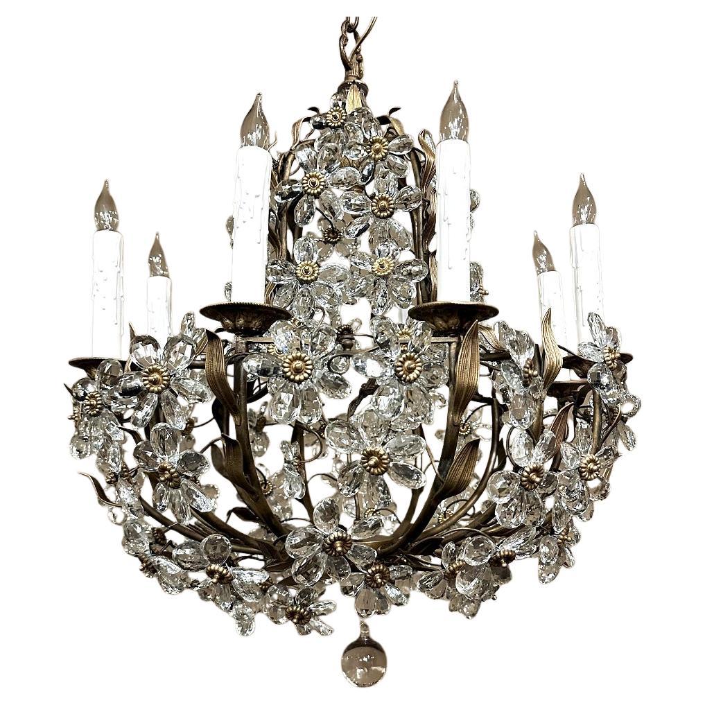 Mid-Century Italian Brass & Crystal Flower Chandelier