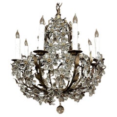 Mid-Century Italian Brass & Crystal Flower Chandelier