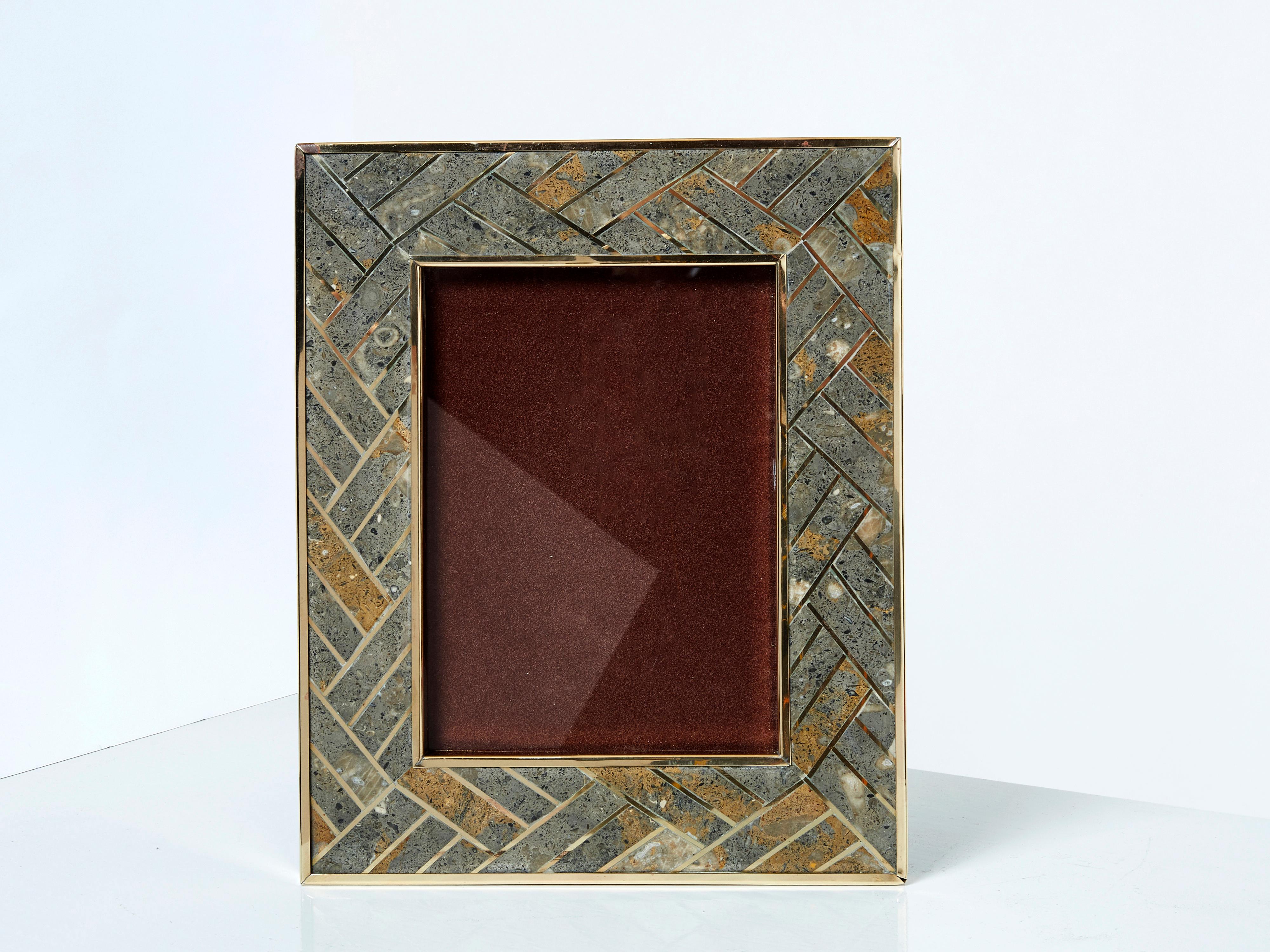 Mid-Century Modern Mid-Century Italian Brass Fossil Stone Picture Frame 1970 For Sale
