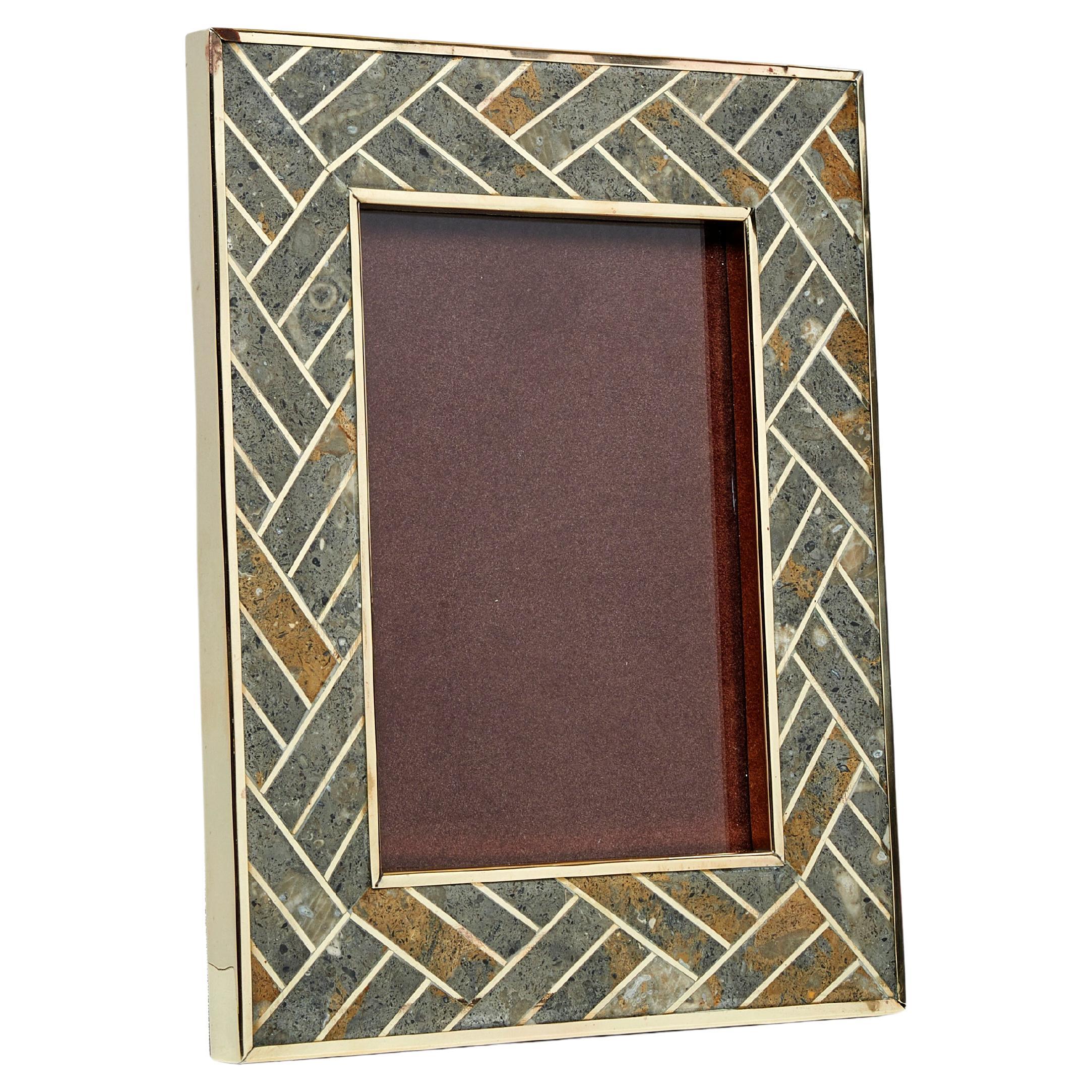 Mid-Century Italian Brass Fossil Stone Picture Frame 1970 For Sale