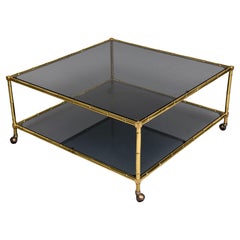 Mid Century Italian Brass Frame Faux Bamboo Coffee Table with Smoked Glass