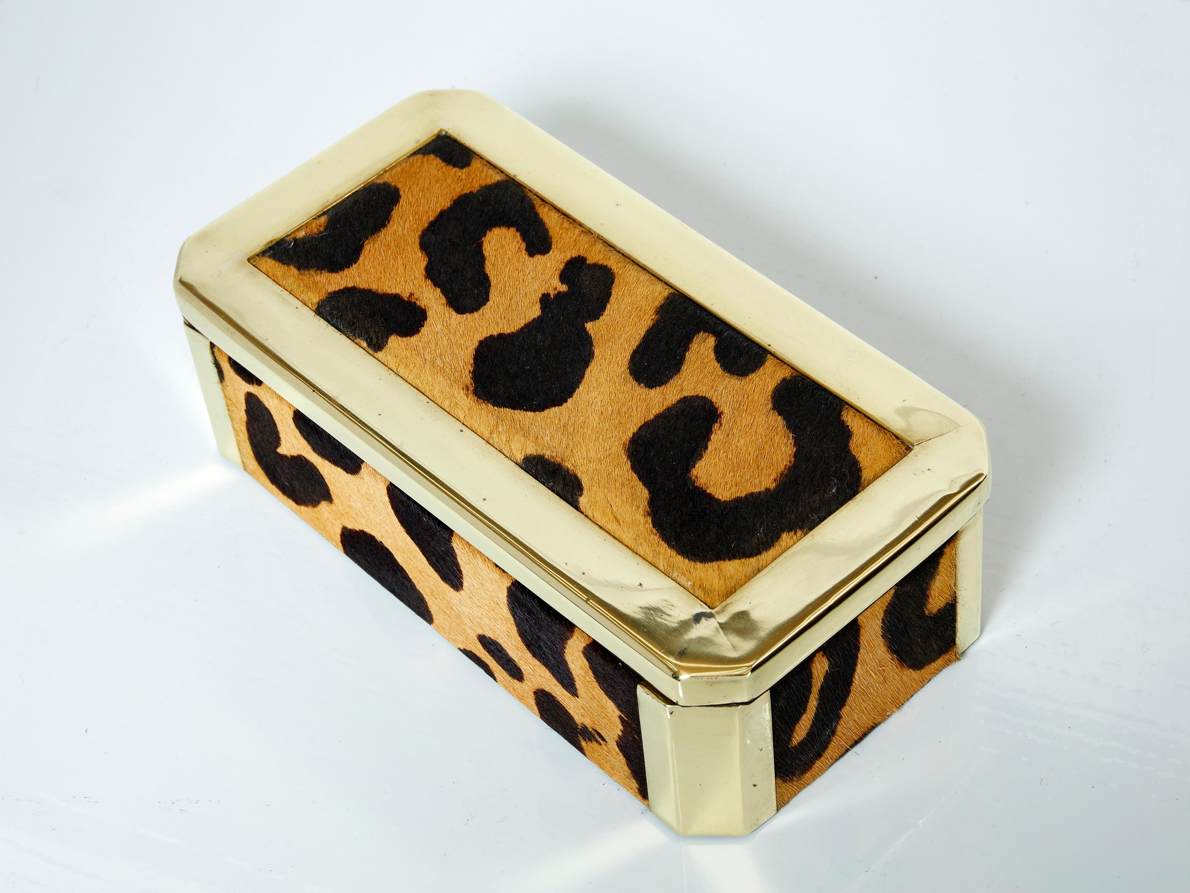 Late 20th Century Mid-Century Italian Brass Leopard Fur Jewellery Box 1970 For Sale