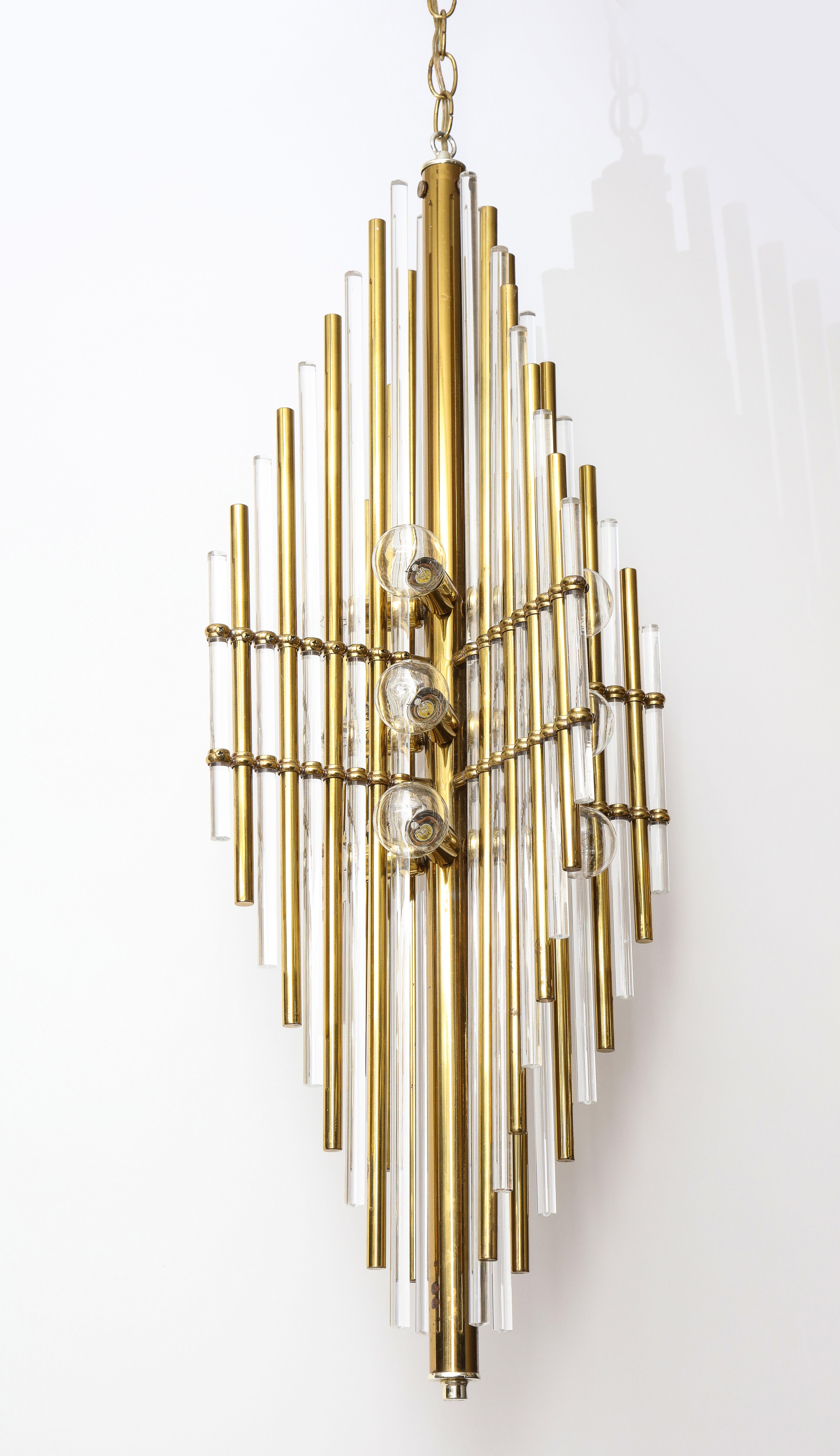 Mid-Century Modern Sciolari Italian Brass, Lucite Pendant Chandelier For Sale