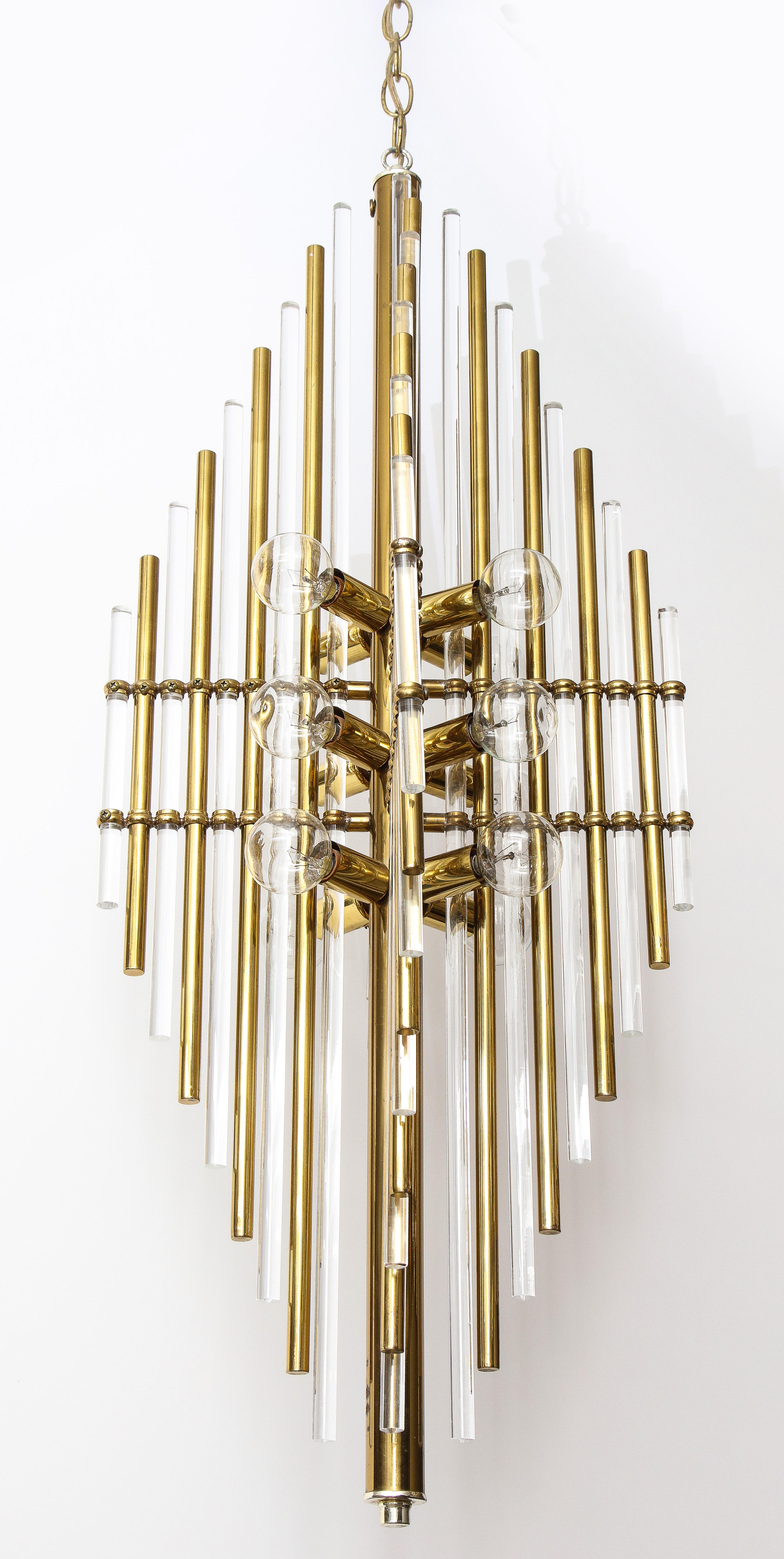 20th Century Sciolari Italian Brass, Lucite Pendant Chandelier For Sale
