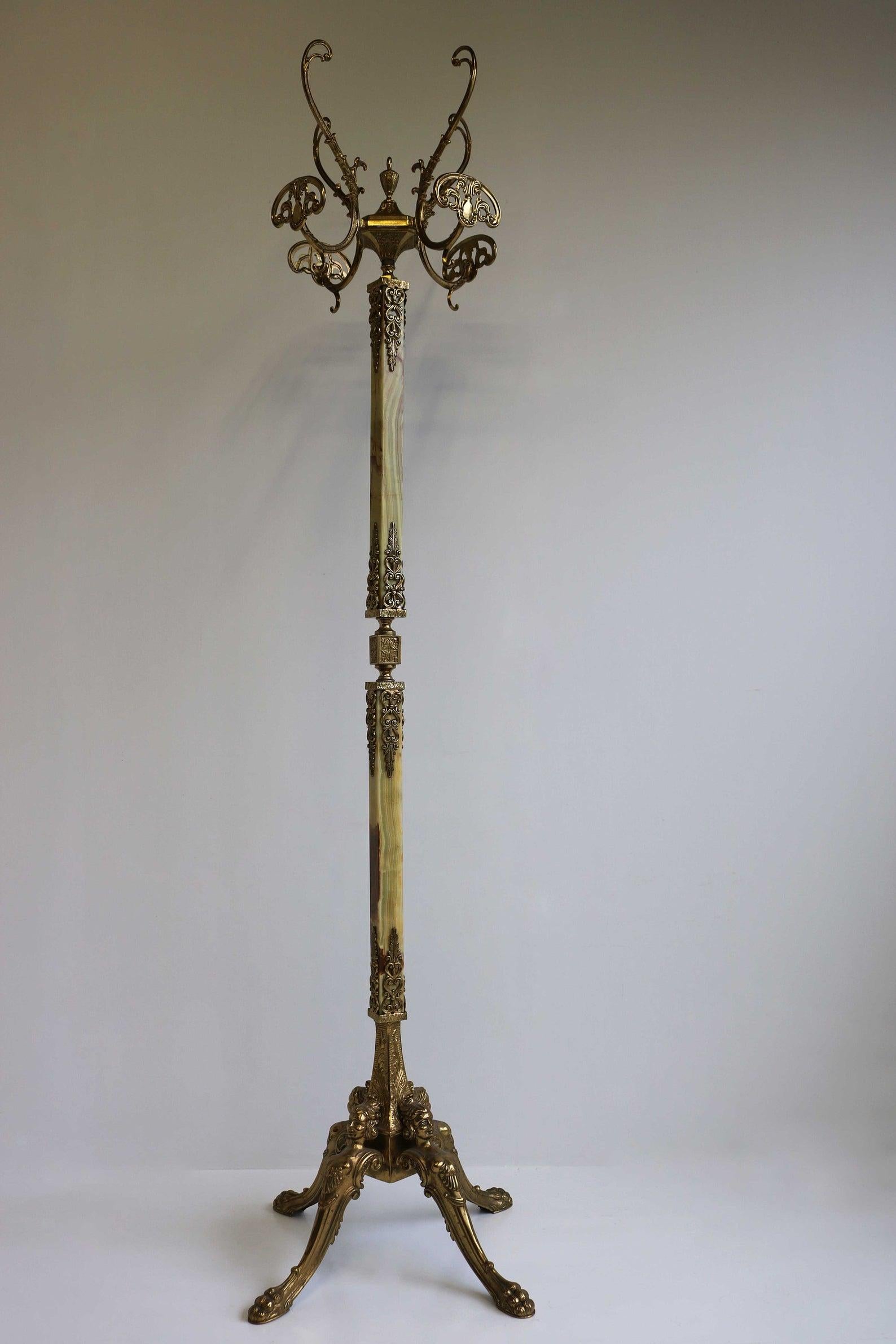 Mid-Century Italian Brass Marble Luxury Coat Rack Hall Tree 1950s Ornate Onyx For Sale 3